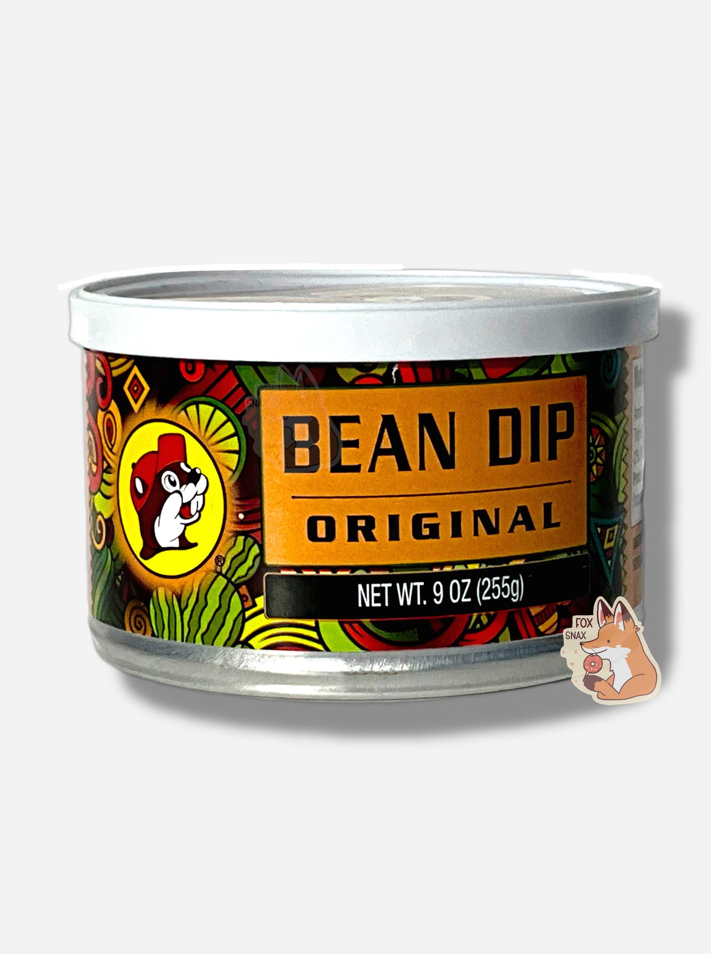 A can of Buc-ee's Original Bean Dip. The can is short and circular, has a white plastic lid, and features the Buc-ee's logo - a cheerful brown-furred beaver with a massive overbite, against a cactus,  other brightly colored shapes.  The can reads BEAN DIP ORIGINAL, NET WT 9 OZ (255g)