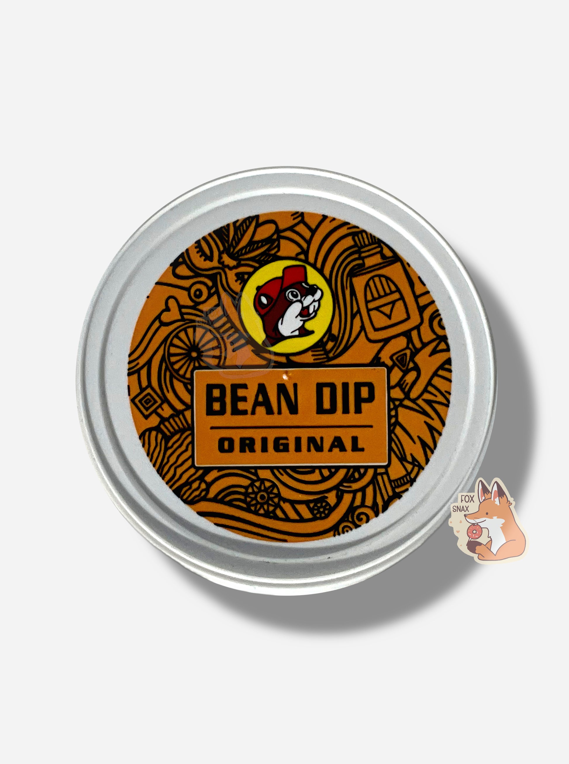 A picture of the top of a can of Buc-ee's Original Bean Dip.  The top of the can has the Buc-ee's logo, then reads BEAN DIP ORIGINAL against an orange lid background.  Studding the background are various symmetrical shapes in black.