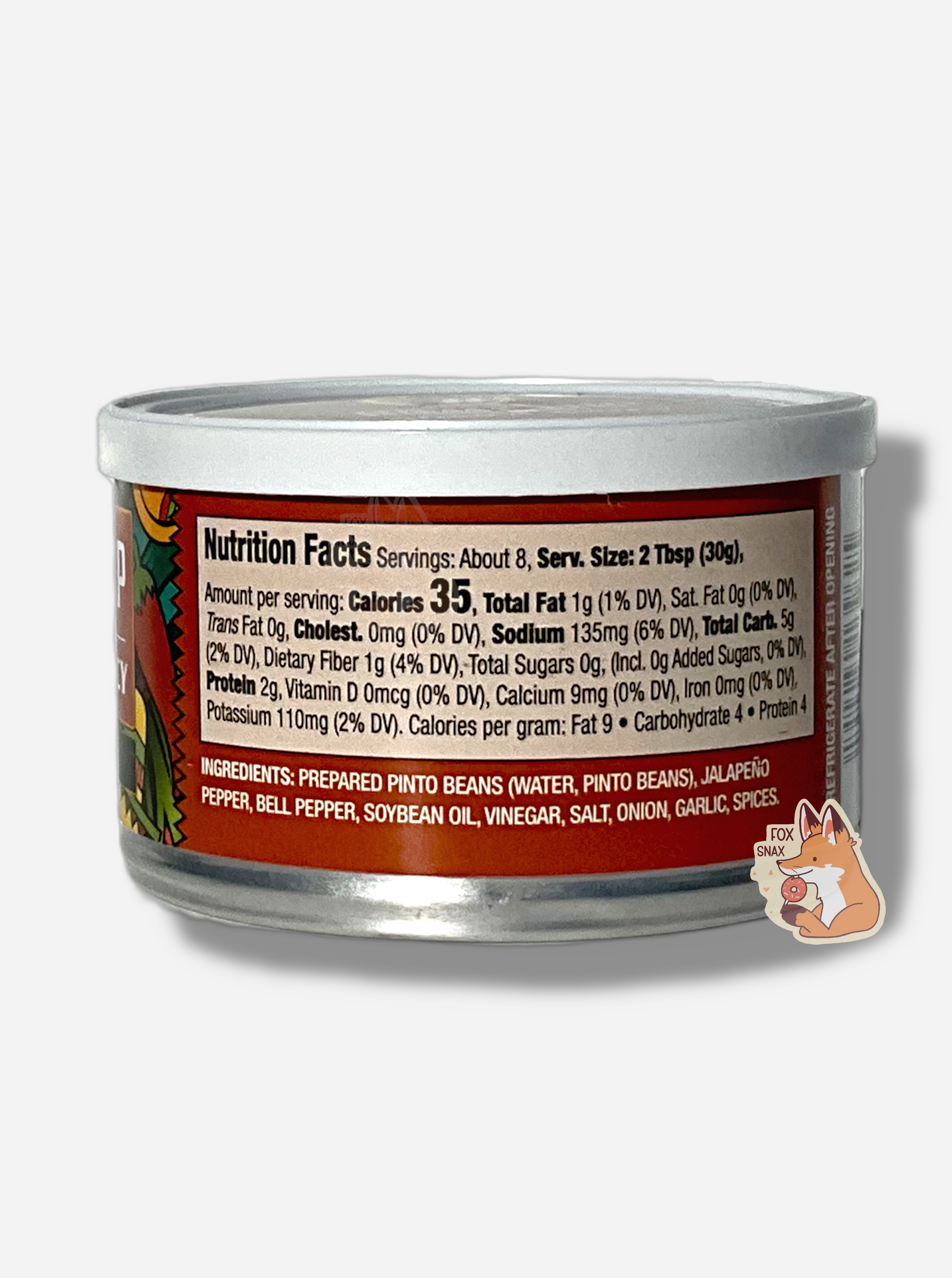A picture of the back of a can of Buc-ee's Sorta Spicy Bean Dip. The can is short and circular, has a white plastic lid, and shows Nutrition Facts and ingredients.