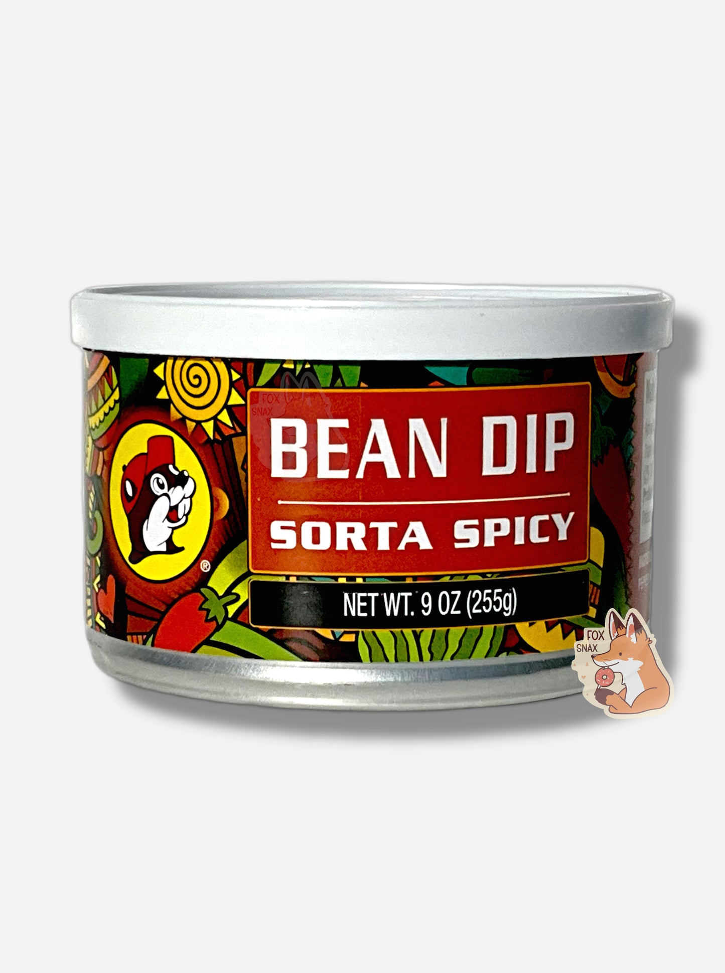 A can of Buc-ee's Sorta Spicy Bean Dip. The can is short and circular, has a white plastic lid, and features the Buc-ee's logo - a cheerful brown-furred beaver with a massive overbite, against a set of brightly colored maracas, a cactus, a chili pepper, a sun, and other brightly colored shapes.  The can reads BEAN DIP SORTA SPICY, NET WT 9 OZ (255g)