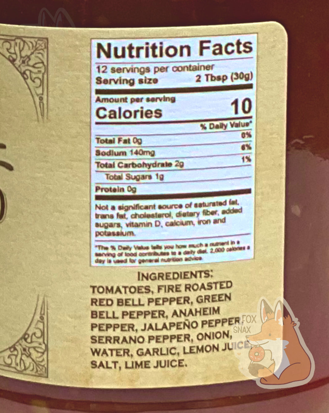 Nutrition facts label on the Picked Habanero Garlic.  It reads: NUTRITION FACTS.  12 SERVINGS PER CONTAINER.  SERVING SIZE 2 TBSP (28 g).  CALORIES 10.  TOTAL FAT 0%.  SODIUM 6%.  TOTAL CARBOHYDRATE 1% TOTAL SUGARS 1g  PROTEIN 0G.  NOT A SIGNIFICANT SOURCE OF SATURATED FAT, TRANS FAT,  CHOLESTEROL, DIETARY FIBER, VITAMIN D, CALCIUM, IRON, AND POTASSIUM.    An ingredient list is also displayed.