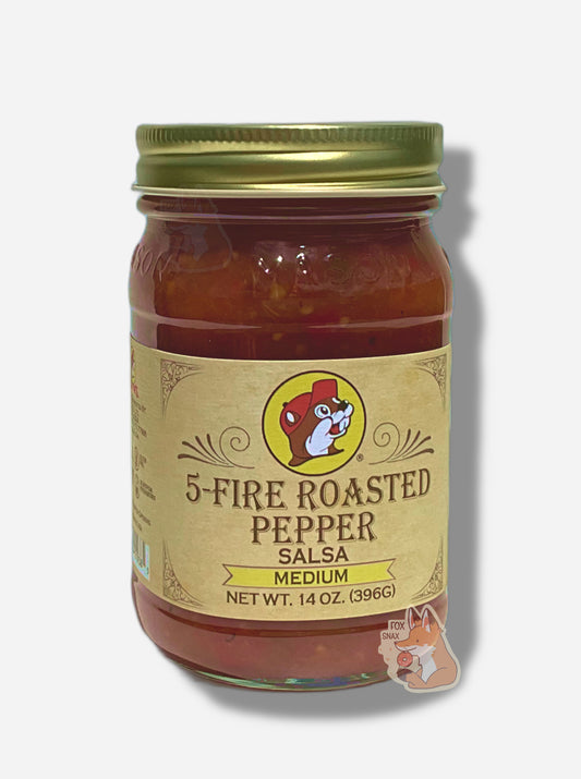 A picture of the front of a glass jar of Buc-ee's 5-Fire Roasted Pepper Salsa (Medium)  - the label is a "old-timey" sort of white/yellow with flared edges.  The middle has a giant Buc-ee the Beaver logo on it.  In the jar, reddish salsa can be seen.