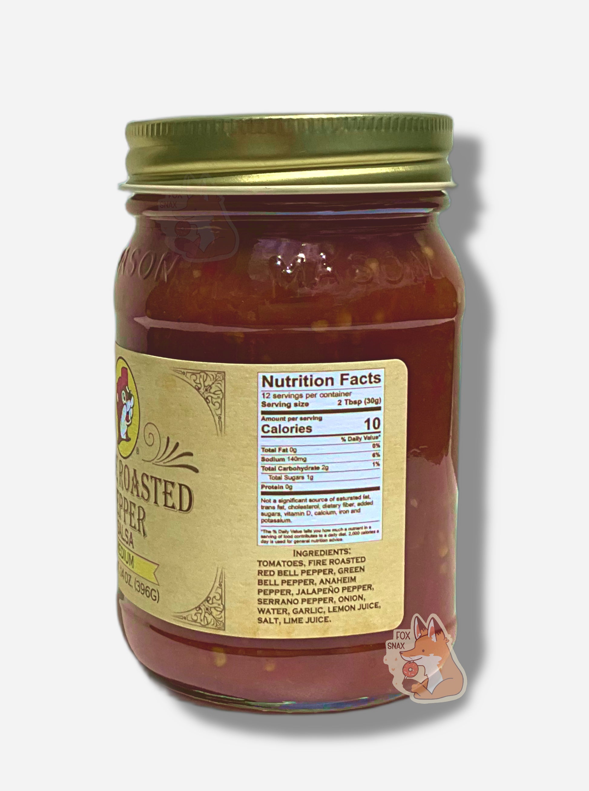 A picture of the right side of a glass jar of Buc-ee's 5-Fire Roasted Pepper Salsa -  the label is a "old-timey" sort of white/yellow with flared edges.  The middle reads Ingredients: Tomatoes,Roasted Red Bell Pepper, Anaheim Pepper, Jalapeno Pepper, Serrano Pepper, Onion, Water, Garlic, Lemon Juice, Salt, Lime Juice.