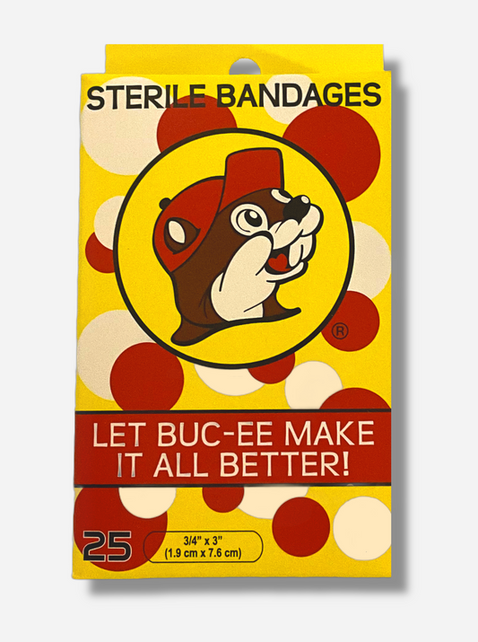 A picture of the front of a package of Buc-ee's Sterile Bandages.  The front of the package is spotted with red and white spots against a yellow background, and reads LET BUC-EE MAKE IT ALL BETTER!  25 bandages, 3/4" x 3" inches.  The Buc-ee's logo - a jolly beaver with a red hat - is prominently displayed on the front.