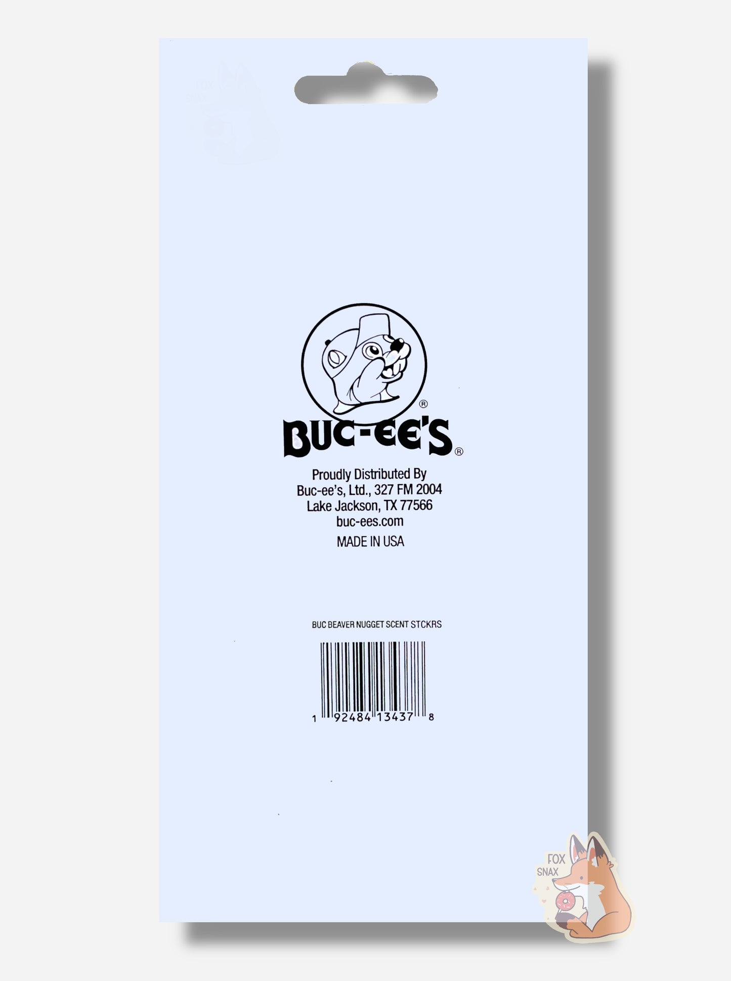 The back of a rectangular package of Buc-ee's Scratch-N-Sniff Beaver Nuggets stickers.  The back has the Buc-ee's logo - a beaver with a massive overbite and ball cap - in black print, against a white background