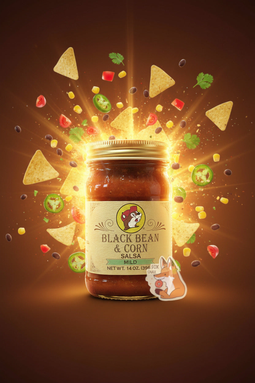 A picture of the front of a glass jar of Buc-ee's Black Bean & Corn Salsa- the label is a "old-timey" sort of white/yellow with flared edges.  The middle has a giant Buc-ee the Beaver logo on it.  Undeneath the logo, the jar reads BLACK BEAN & CORN SALSA, then MILD.   In the jar, dark red salsa can be seen.  In the background, corn chips, jalapenos, black beans, and tomatoes are exploding out of the background and surrounding the jar.