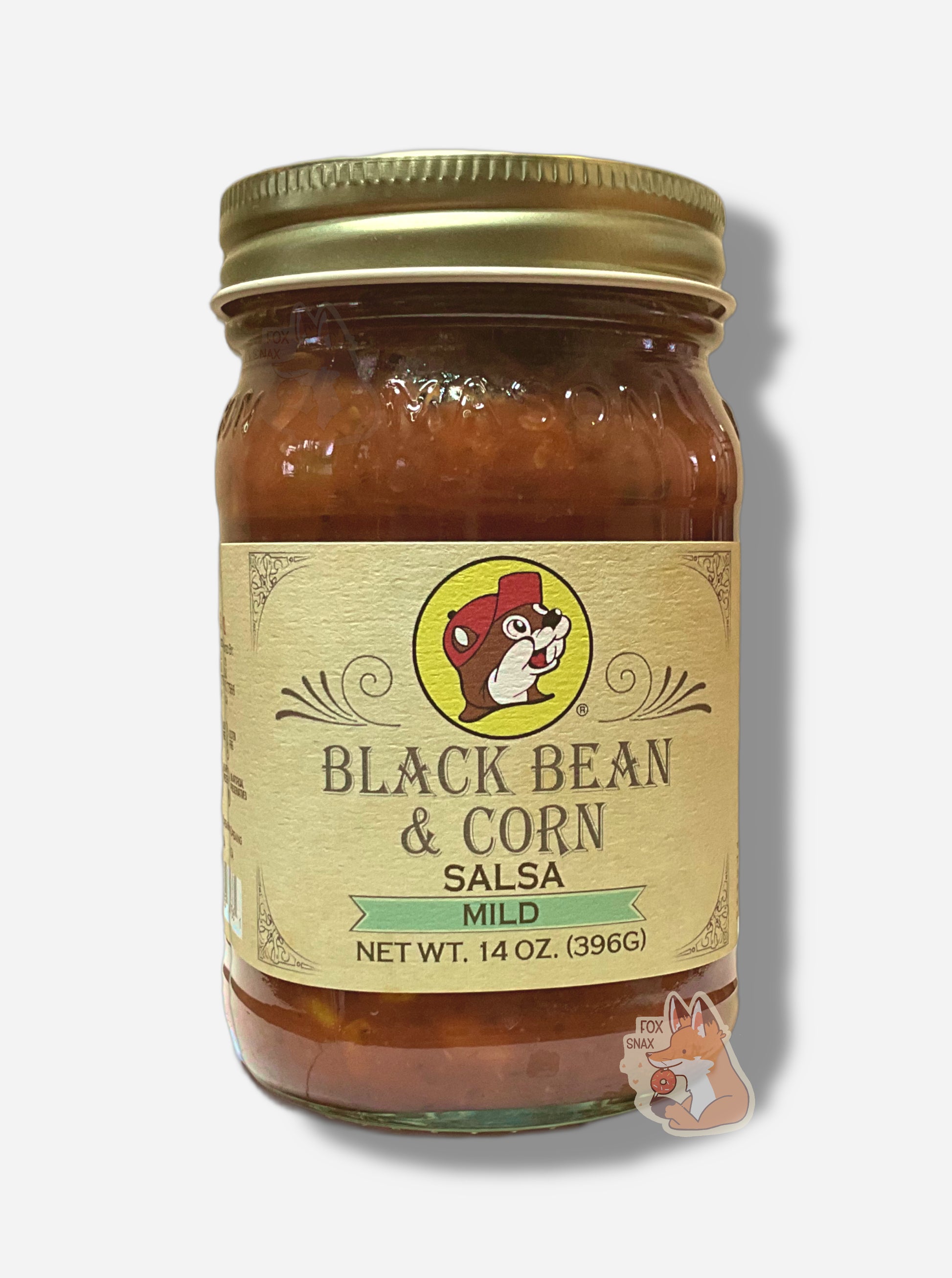 A picture of the front of a glass jar of Buc-ee's Black Bean & Corn Salsa- the label is a "old-timey" sort of white/yellow with flared edges.  The middle has a giant Buc-ee the Beaver logo on it.  Undeneath the logo, the jar reads BLACK BEAN & CORN SALSA, then MILD.   In the jar, dark red salsa can be seen.