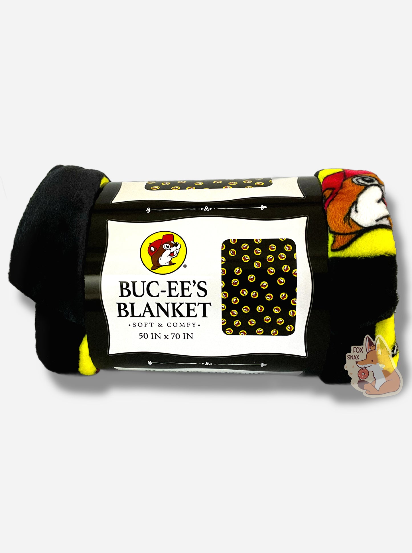 A picture of a soft black blanket covered in Buc-ee's logos.  The logo is Buc-ee The Beaver, wearing a red ball cap against a yellow circle background.  The label reads BUC-EE'S BLANKET *SOFT AND COMFY* 50 IN x 70 IN