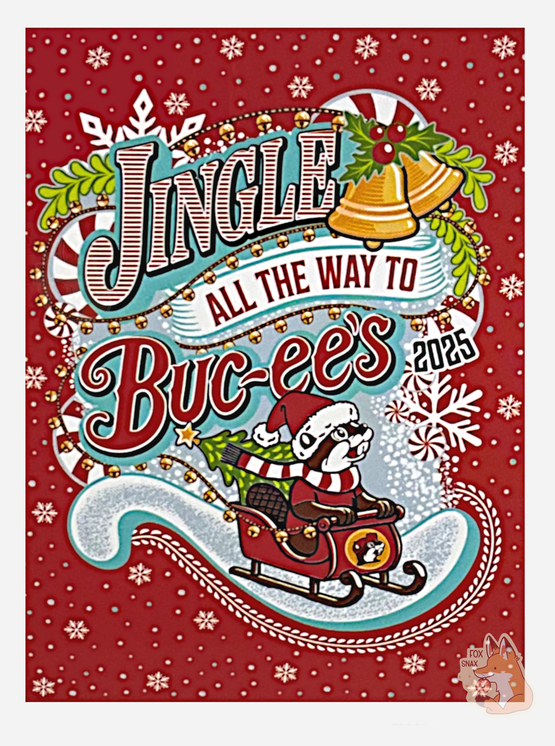 A closeup of the center of the blanket.  Buc-ee the Beaver in a red Christmas sleigh, with a green Christmas tree in the back.  Buc-ee is holding the front of the sleigh, and is wearing a Christmas cap and red and white striped scarf.  The background is in red, framed by white snowflakes at the top, and reads JINGLE ALL THE WAY TO BUC-EE'S, next to two yellow jingle bells and some holley and mistletoe.
