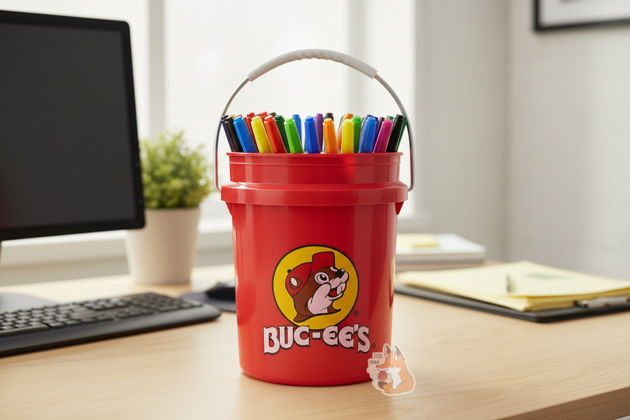 A small, bright red, miniature bucket.  The bucket has the Buc-ee's logo on it - a cheerful beaver wearing a red hat, framed by a yellow circle.  The words BUC-EE'S are underneath the logo in white.  A metal handle, partially coated in white plastic, is attached to the top of the bucket.  The bucket is filled with a set of thin,small, brightly colored markers on an office desk.  In the background, a computer monitor, a plant, and papers can be seen.