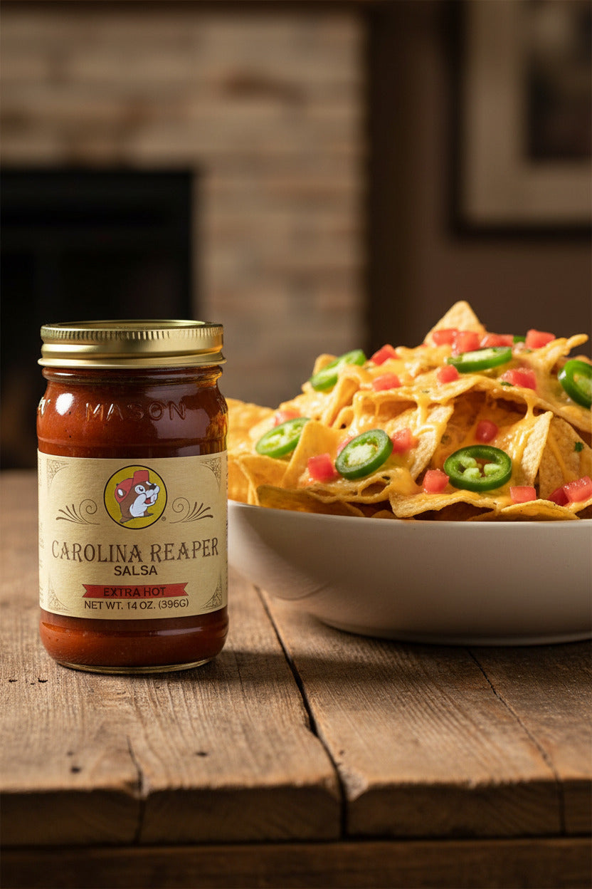 A picture of the front of a glass jar of Buc-ee's Carolina Reaper Salsa (Extra Hot)  - the label is a "old-timey" sort of white/yellow with flared edges.  The middle has a giant Buc-ee the Beaver logo on it.  In the jar, reddish salsa can be seen.  On the bottom, a red banner reads EXTRA HOT.  The jar is sitting next to a giant white ceramic bowl of nachos - the nachos have jalapeno peppers, chopped tomatoes, and melted cheese on top of them.  Both the bowl and the jar are sitting on a rustic wooden table.