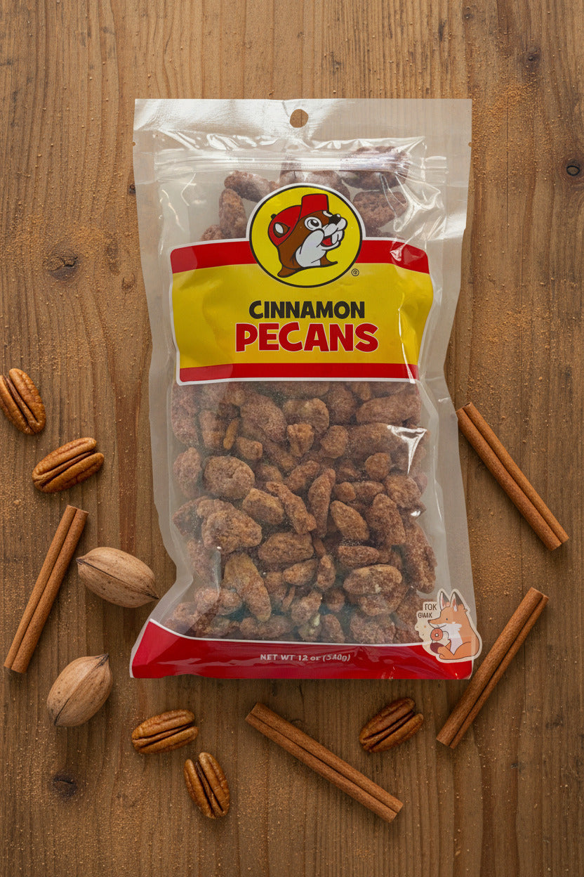 A picture of a clear plastic bag of Buc-ee's Cinnamon Pecans.  The Buc-ee's logo can be seen in the top center of the bag, then underneath that in black and red text, CINNAMON PECANS.  The bottom of the bag is red and reads Net Wt 12 oz.  Inside the bag are a large number of dried pecans, covered in brownish, reddish sugary cinnamon coating.  The bag is on a wooden table, with shelled brown pecans, pecans in a shell, and cinnamon sticks strewn about.
