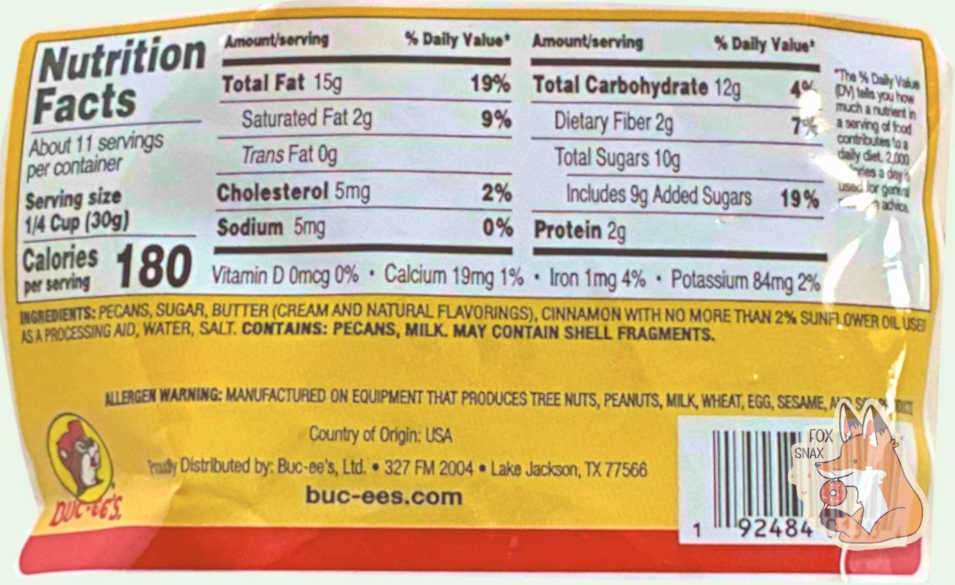 A closeup of a picture of the ingredients of a bag of Buc-ee's Cinnamon Pecans.  Nutrition facts, then ingredients are listed.