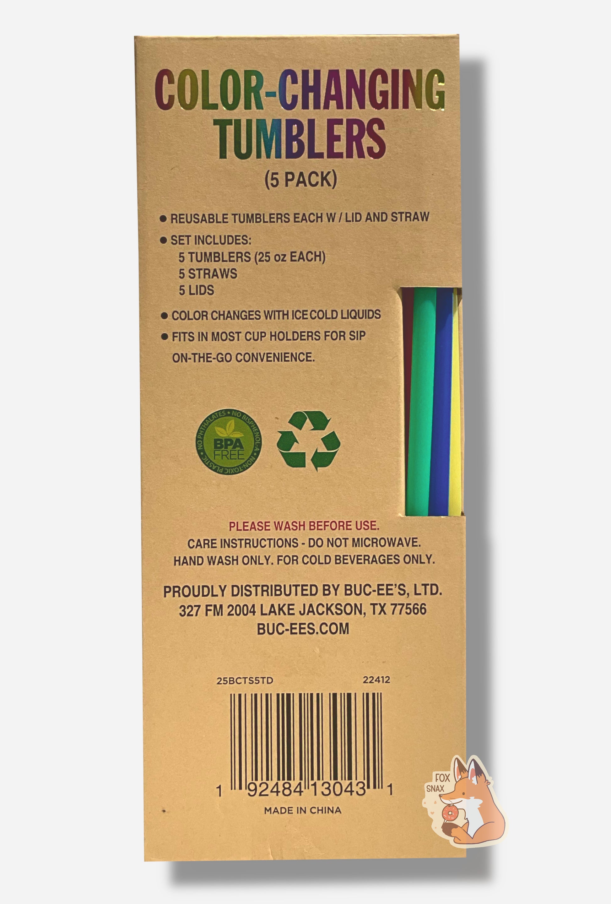 A picture of a tall, thin cardboard box.  The top of the box reads COLOR-CHANGING TUMBLERS, then:
* REUSABLE TUMBLERS EACH W/LID AND STRAW
* SET INCLUDES: 5 TUMBLERS (25 oz EACH) 5 STRAWS 5 LIDS
* COLOR CHANGES WITH ICE COLD LIQUIDS
* FITS IN MOST CUPHOLDERS FOR SIP ON-THE-GO CONVENIENCE.

The back of the box exposes several colored straws - a green, blue, and yellow one can be seen.