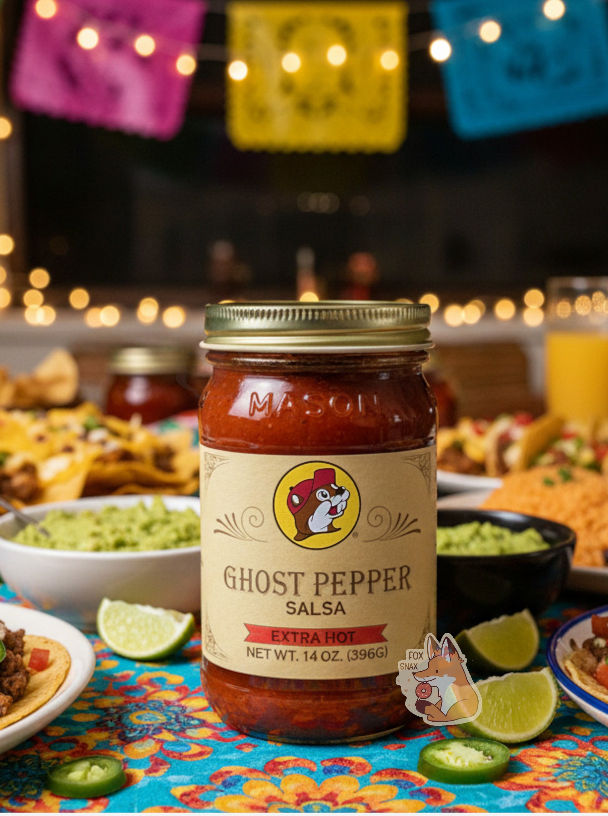 A picture of the front of a glass jar of Buc-ee's Ghost Pepper Salsa (Extra Hot) sitting on a colorful table.  The table is adorned with a fantastic Mexican dinner - nachos, guacamole, limes, and tacos can be seen.  In the background, a pink, yellow, and blue banner can be seen, as can a series of string lights.