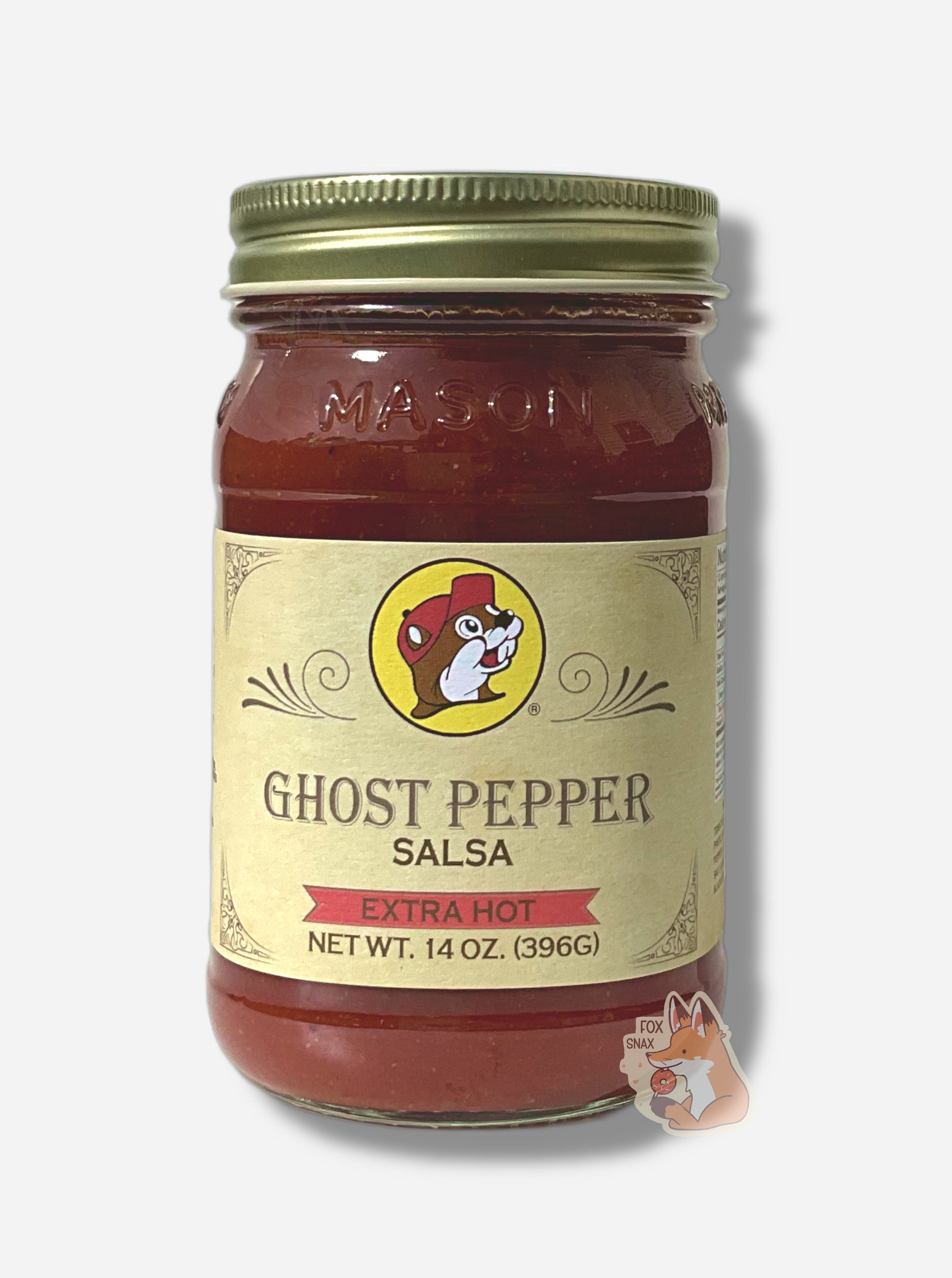 A picture of the front of a glass jar of Buc-ee's Ghost Pepper Salsa (Extra Hot)  - the label is a "old-timey" sort of white/yellow with flared edges.  The middle has a giant Buc-ee the Beaver logo on it.  In the jar, reddish salsa can be seen.  On the bottom, a red banner reads EXTRA HOT.