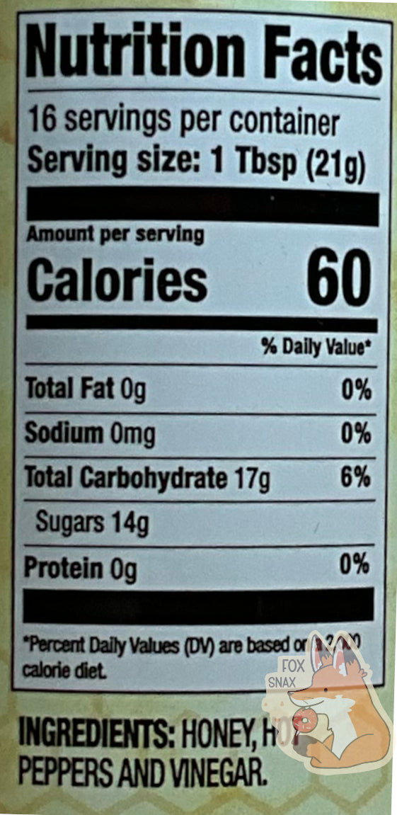 A closeup of the back of a bottle of Buc-ee's Hot Honey.   Nutrition facts are listed below, then ingredients.