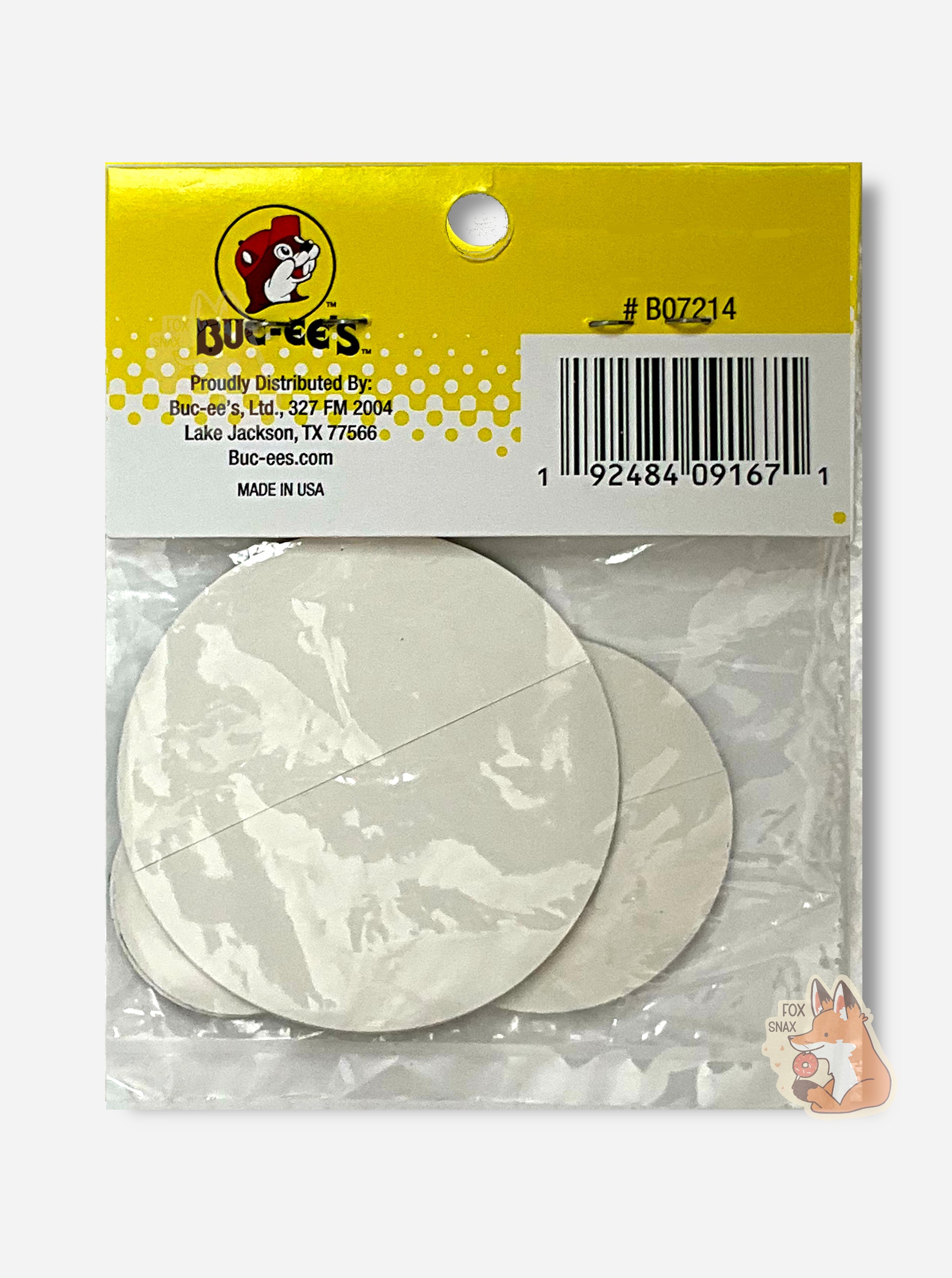 A picture of the back of a  plastic bag containing 10 Buc-ee's circular logo stickers.  The back of the stickers each shows a small peelable white label, to expose the adhesive.