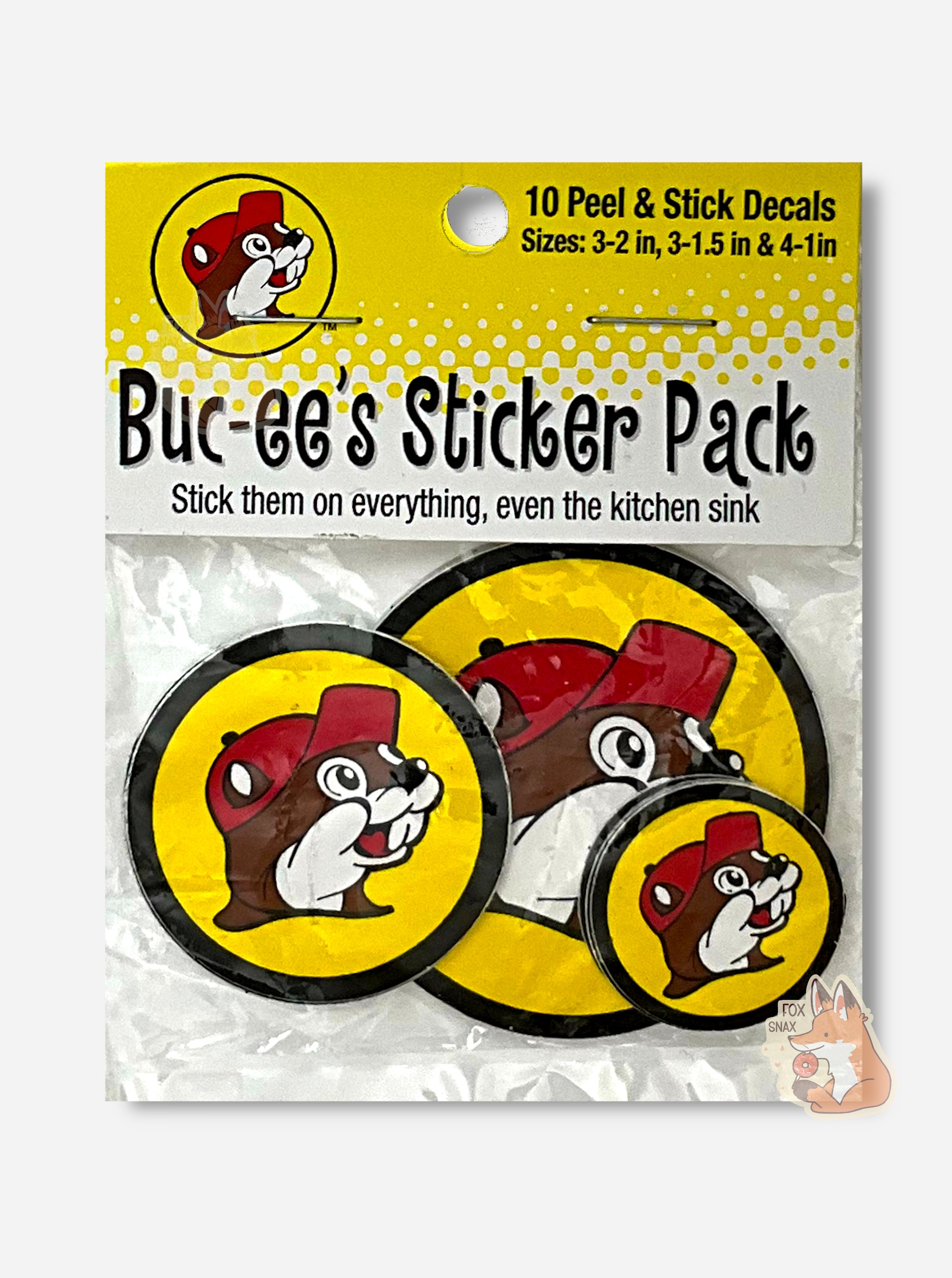 A plastic bag containing 10 circular Buc-ee's logo stickers - a picture of a jolly beaver wearing a red ball cap.  The label on the top of the bag reads: BUC-EE'S STICKER PACK.  STICK THEM ON EVERYTHING, EVEN THE KITCHEN SINK, 10 PEEL & STICK DECALS, and Sizes: 3-2 in 3-1.5 in & 4 - 1 in