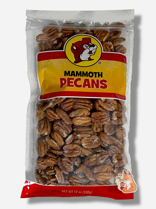 A picture of a clear plastic bag of Buc-ee's Mammoth Pecans.  The Buc-ee's logo can be seen in the top center of the bag, then underneath that in black and red text, MAMMOTH PECANS.  The bottom of the bag is red and reads Net Wt 12 oz.  Inside the bag are a large number of large dried pecans.