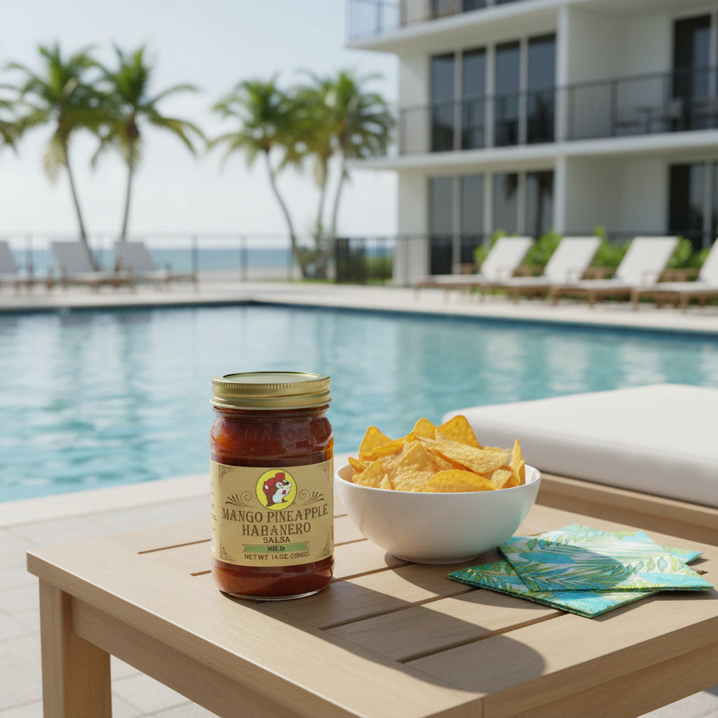 A picture of the front of a glass jar of Buc-ee's Mango Pineapple Habanero Salsa (Mild)  - the label is a "old-timey" sort of white/yellow with flared edges.  The middle has a giant Buc-ee the Beaver logo on it.  In the jar, reddish salsa can be seen.  The jar is sitting next to a pile of tortilla chips in a white bowl; both are sitting on a lounge table next to a lounge chair.  In the background, a pool and condo can be seen, with palm trees in the distance.
