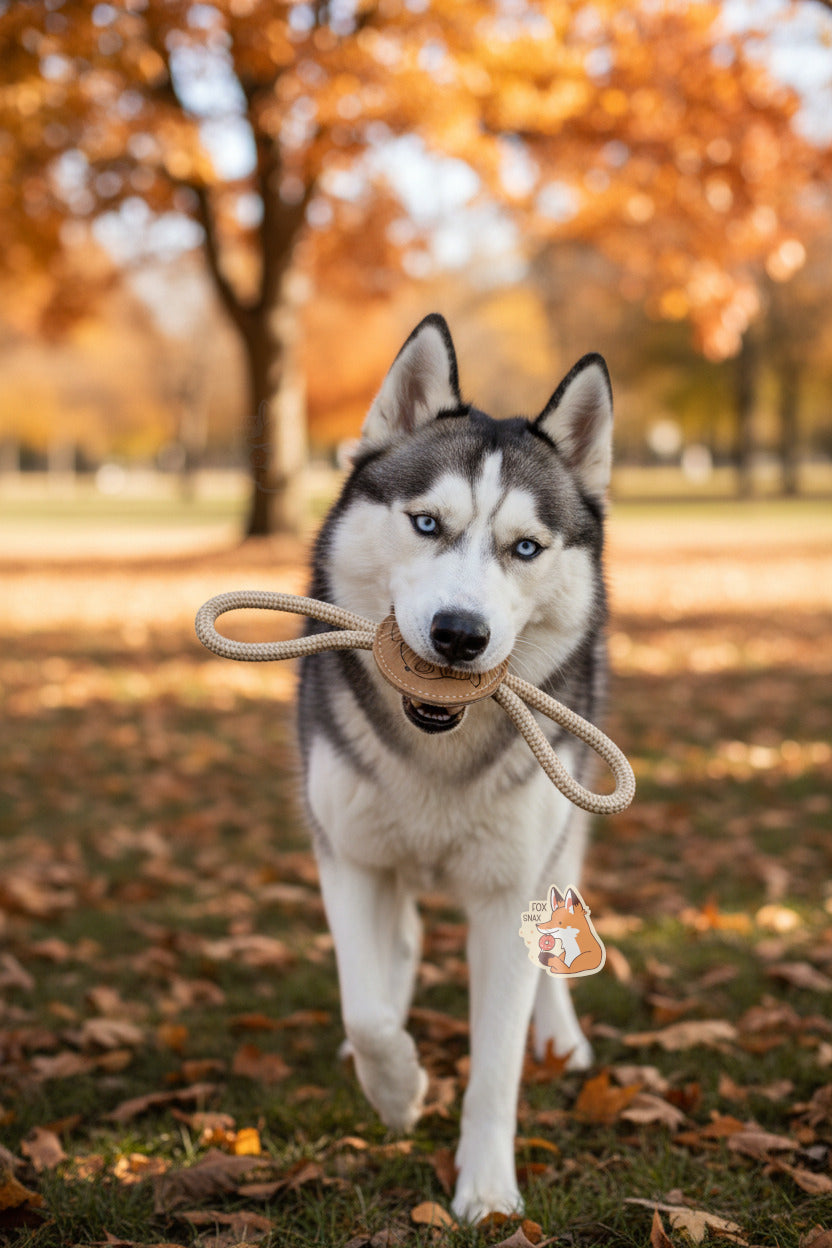 A picture of a husky dog, with blue eyes, in a park at fall.  The toy is a "Pet Essentials" Natural Disc dog toy.  The body of the toy is shaped like a circle - made of a material allowing a dog, if they so chose, to bite it.  On both ends are strong tan ropes that form a loop back to the body of the circle.