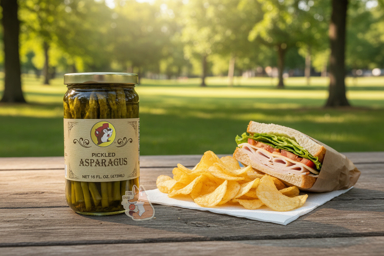 A picture of the front of a glass jar of Buc-ee's Pickled Asparagus - the label is a "old-timey" sort of white/yellow with flared edges.  The middle has a giant Buc-ee the Beaver logo on it.  In the jar, long dark asparagus spears can be seen.  The jar is sitting on a picnic table in a pretty forested state park; next to the jar is a set of turkey sandwiches and potato chips on a white paper napkin.