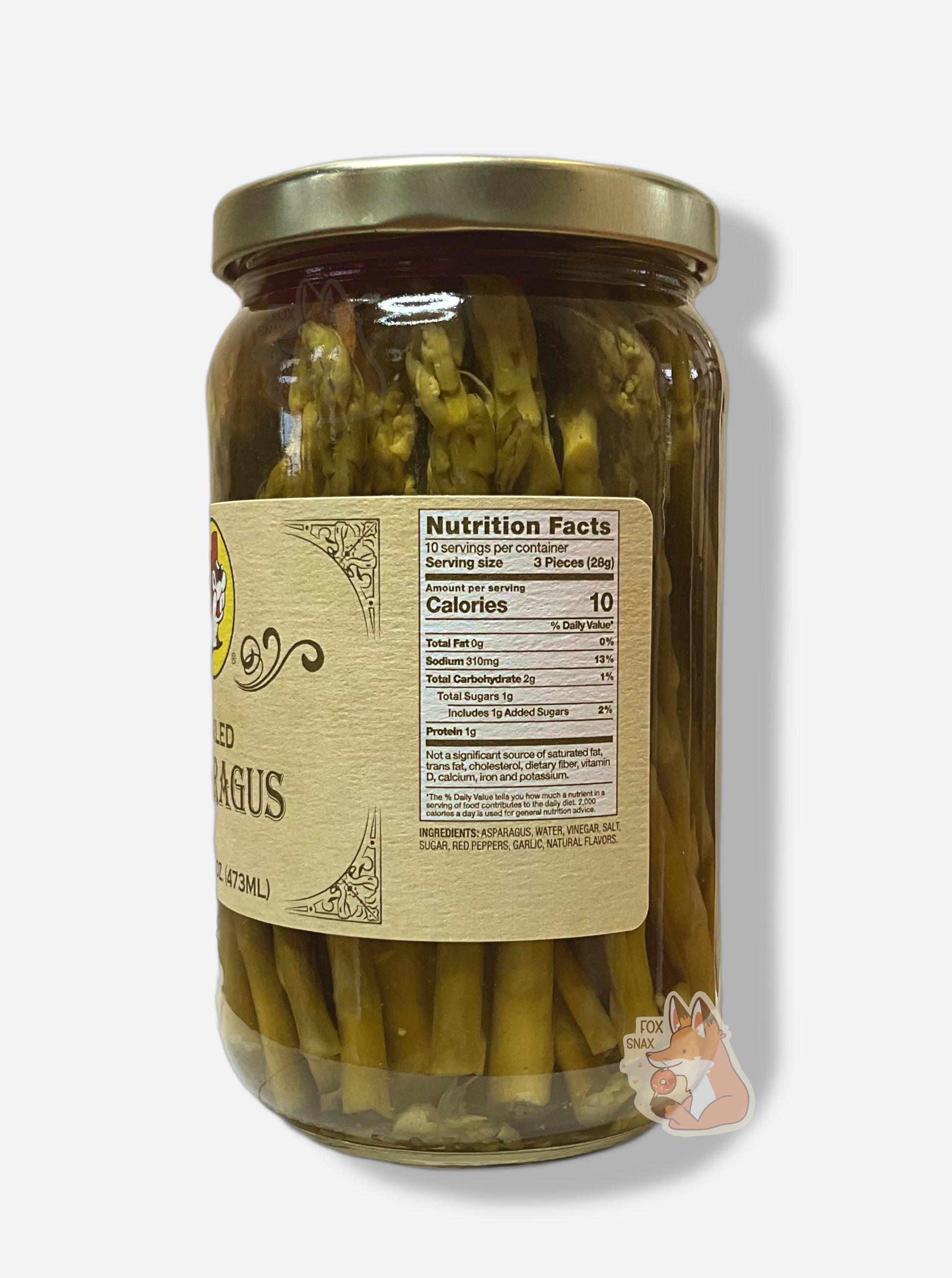 A picture of the right side of a glass jar of Buc-ee's Pickled Asparagus - the label is a "old-timey" sort of white/yellow with flared edges.  The middle reads Ingredients: Asparagus, Water, Vinegar, Salt, Sugar, Red Peppers, Garlic, Natural Flavors. In the jar, long dark asparagus spears, floating in clear brine can be seen.