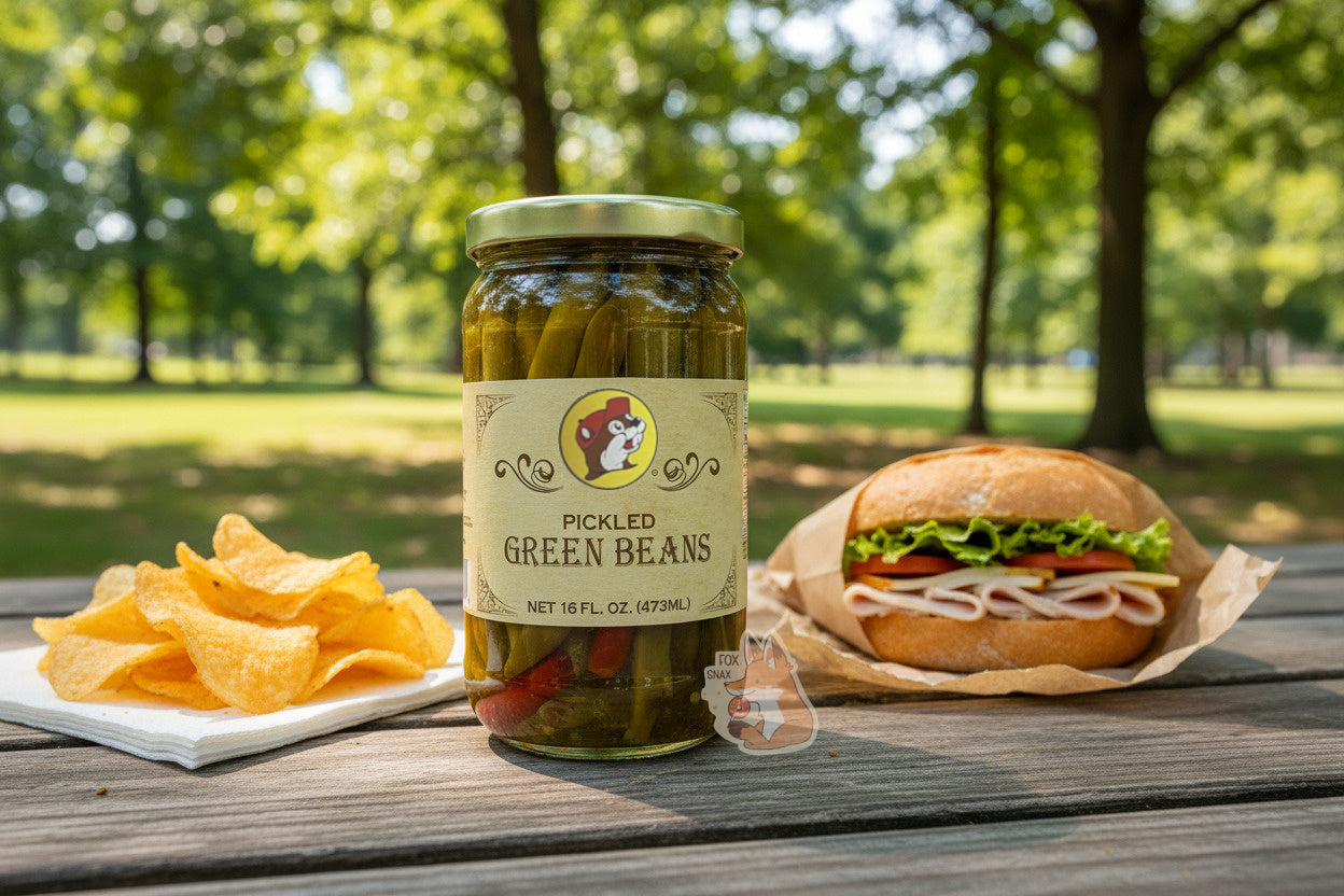 A picture of the front of a glass jar of Buc-ee's Pickled Green Beans  - the label is a "old-timey" sort of white/yellow with flared edges.  The middle has a giant Buc-ee the Beaver logo on it.  In the jar, long green beans and a few red peppers in a mostly clear  brine can be seen, with dill bits sprinkled about.  The jar is sitting on a wooden picnic table, surrounded by a nice-looking turkey sandwich and a pile of potato chips sitting on a napkin. The table is situated in a pretty state park in summer.
