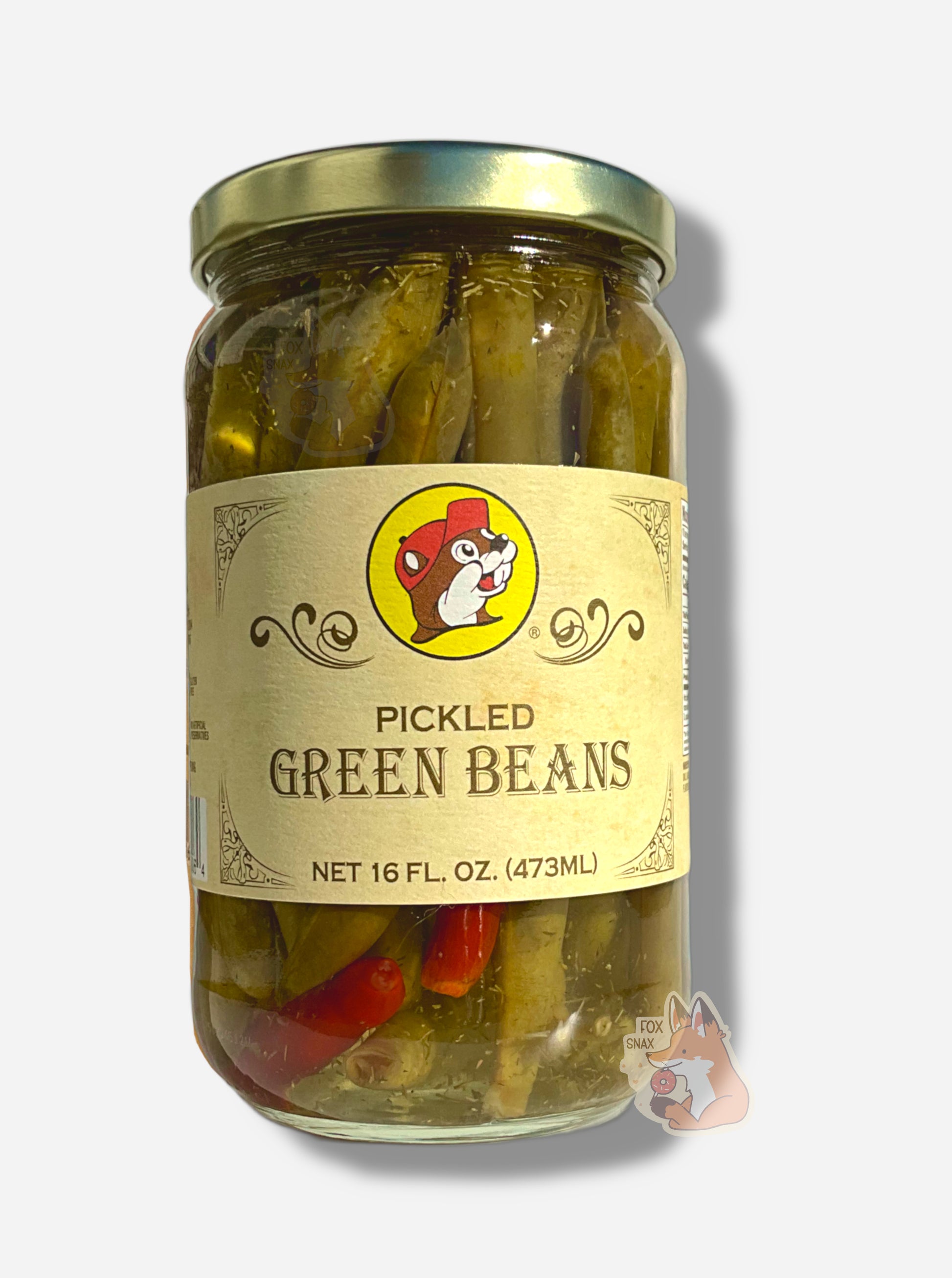 A picture of the front of a glass jar of Buc-ee's Pickled Green Beans  - the label is a "old-timey" sort of white/yellow with flared edges.  The middle has a giant Buc-ee the Beaver logo on it.  In the jar, long green beans and a few red peppers in a mostly clear  brine can be seen, with dill bits sprinkled about.