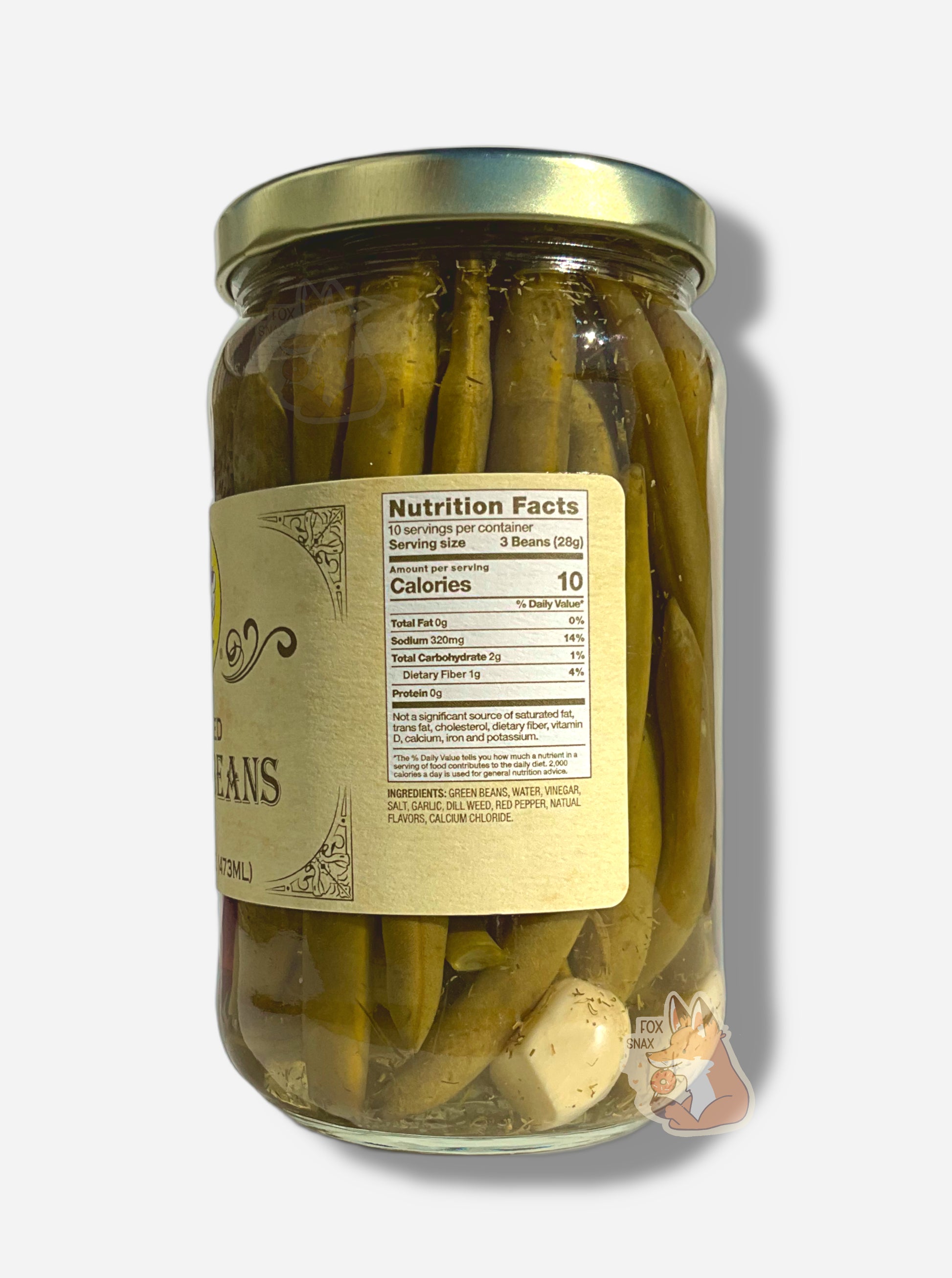A picture of the right side of a glass jar of Buc-ee's Pickled Green Beans - the label is a "old-timey" sort of white/yellow with flared edges.  The middle reads Ingredients: Green Beans, Water, Vinegar, Salt, Garlic, Dill Weed, Red Pepper, Natural Flavors, Calcium Chloride. In the jar, long green beans floating in mostly clear, but sprinkled with dill brine can be seen.