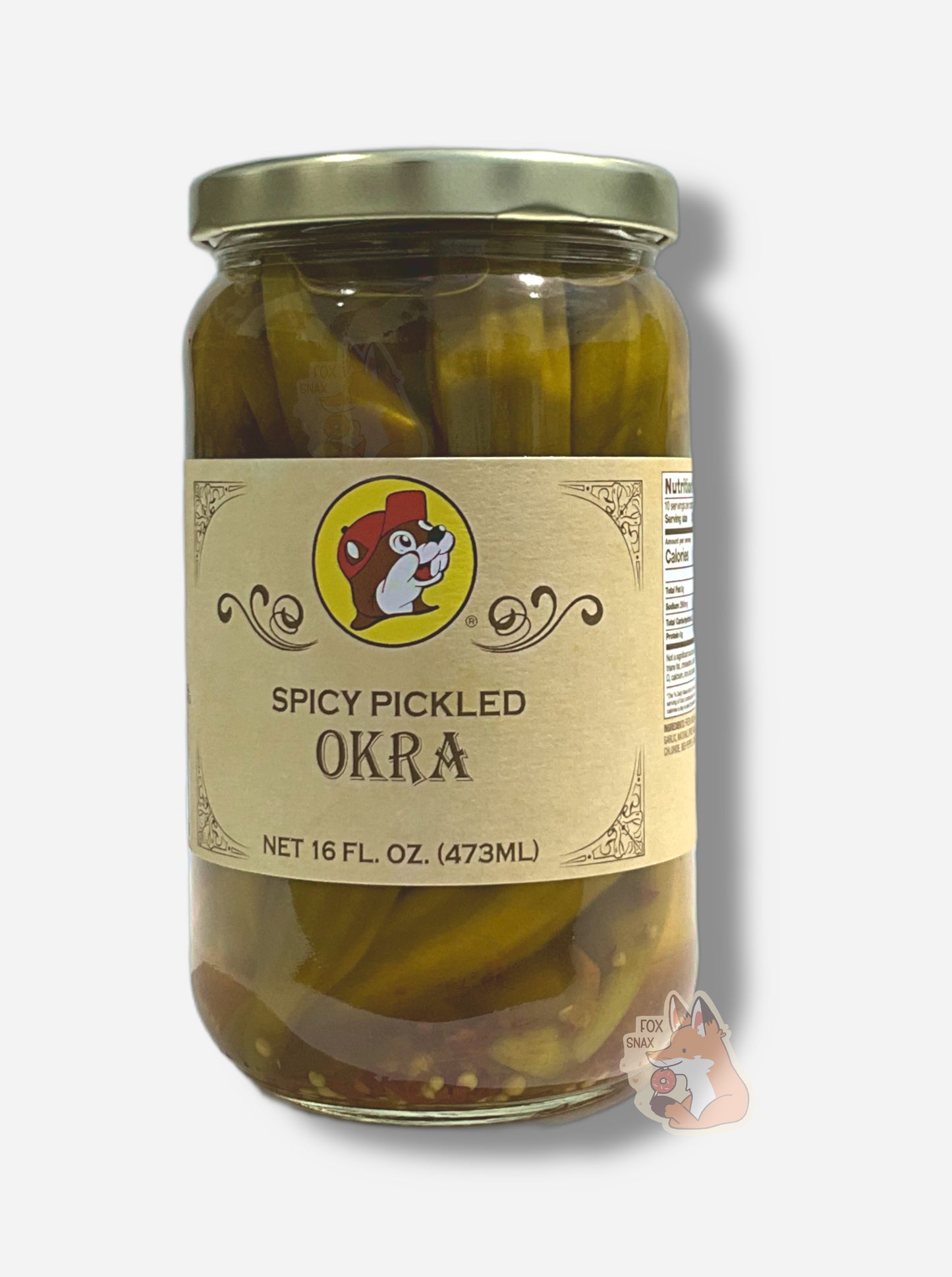 A picture of the front of a glass jar of Buc-ee's Spicy Pickled Okra  - the label is a "old-timey" sort of white/yellow with flared edges.  The middle has a giant Buc-ee the Beaver logo on it.  In the jar, long okra and a red pepper bits in a mostly clear brine can be seen.