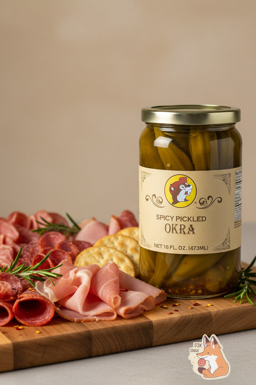A picture of the front of a glass jar of Buc-ee's Spicy Pickled Okra  - the label is a "old-timey" sort of white/yellow with flared edges.  The middle has a giant Buc-ee the Beaver logo on it.  In the jar, long okra and a red pepper bits in a mostly clear brine can be seen.  The jar is sitting on a wooden charcuterie board; the board has proscuitto, salami, crackers, and rosemary on it as well.