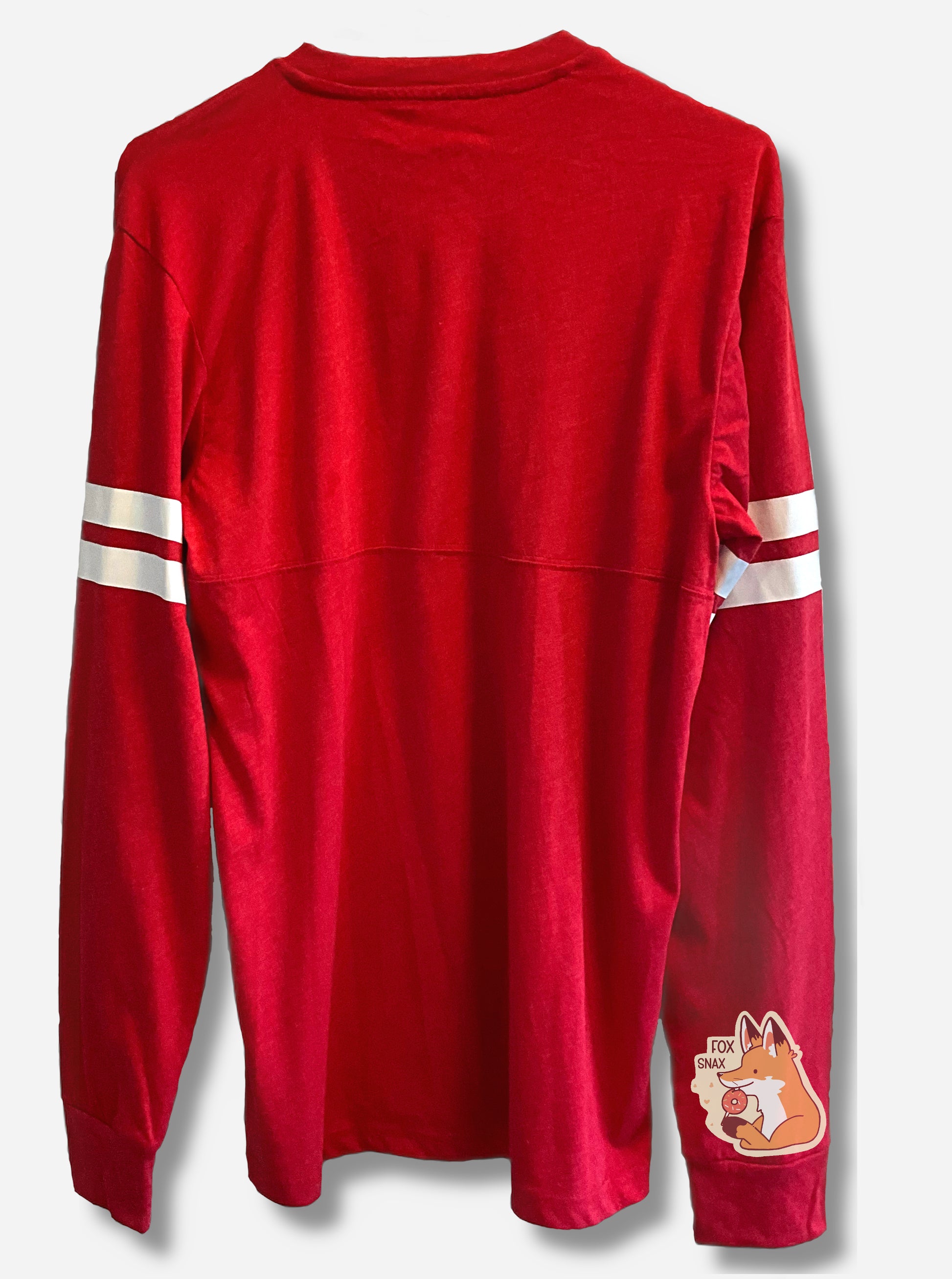 A picture of the back of a long sleeve varsity shirt in red, with two thick white stripes around each of the upper arms.  