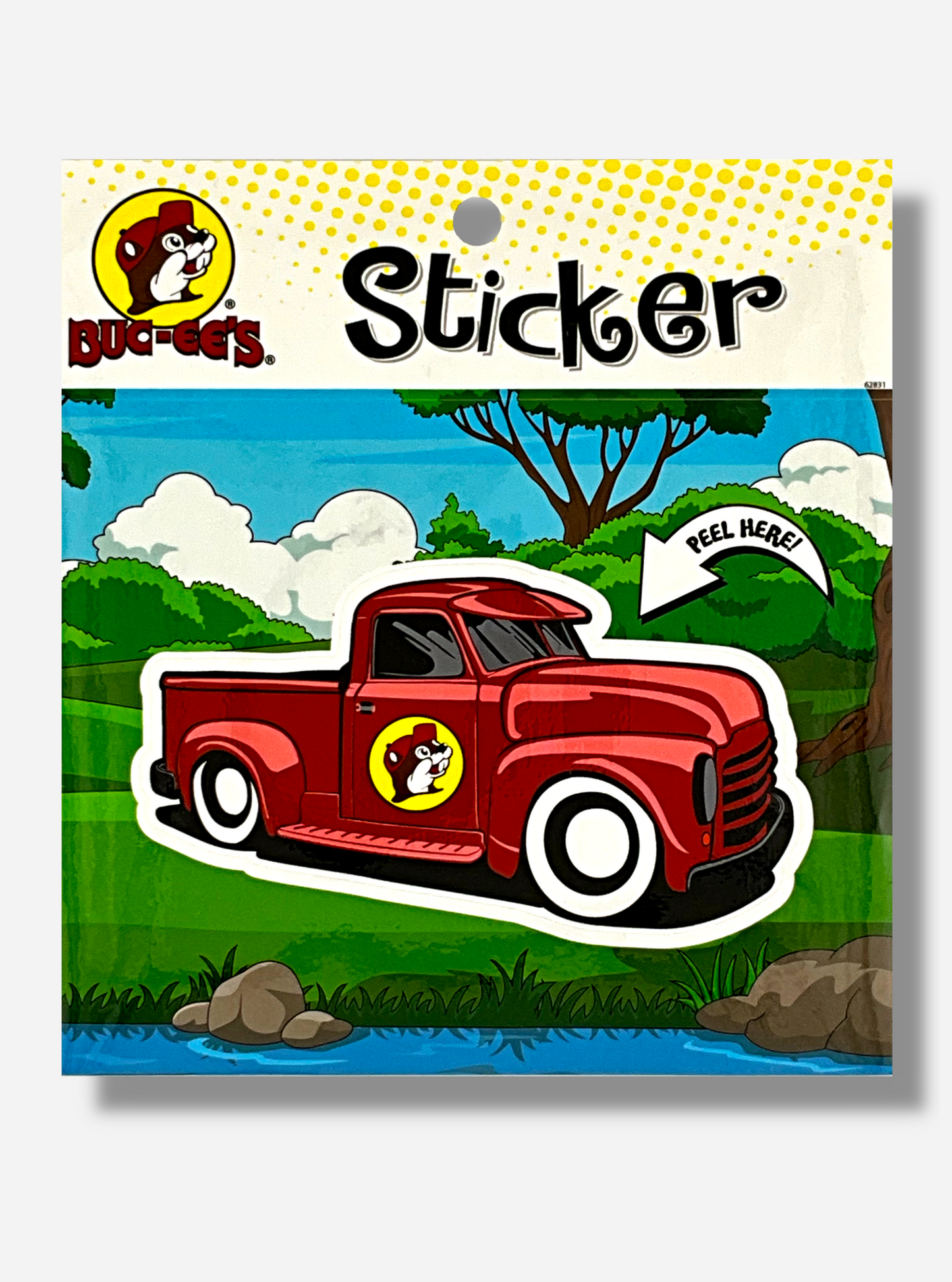 A picture of a Buc-ee's vinyl sticker.  The sticker is of a shiny but old model red pickup truck.  On the passenger side door of the truck is the Buc-ee's logo, which which is a cheerful beaver with a red ball cap.  The background of the sticker reads STICKER, and shows a countryside scene, complete with trees, bushes, and a nearby riverbank with blue water.