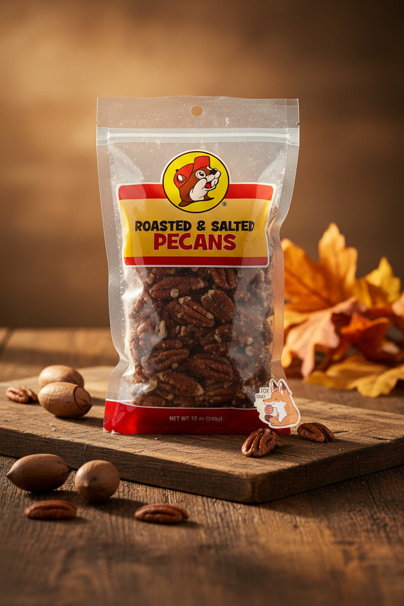 A picture of a clear plastic bag of Buc-ee's Roasted & Salted Pecans.  The Buc-ee's logo can be seen in the top center of the bag, then underneath that in black and red text, ROASTED & SALTED PECANS.  The bottom of the bag is red and reads Net Wt 12 oz.  Inside the bag are a large number of dark brown  pecans; some grains of salt are on the pecans.  The bag is sitting on a slab of pecan wood, flanked by a few shelled and unshelled pecans; a few orange pecan tree leaves are in the distance.