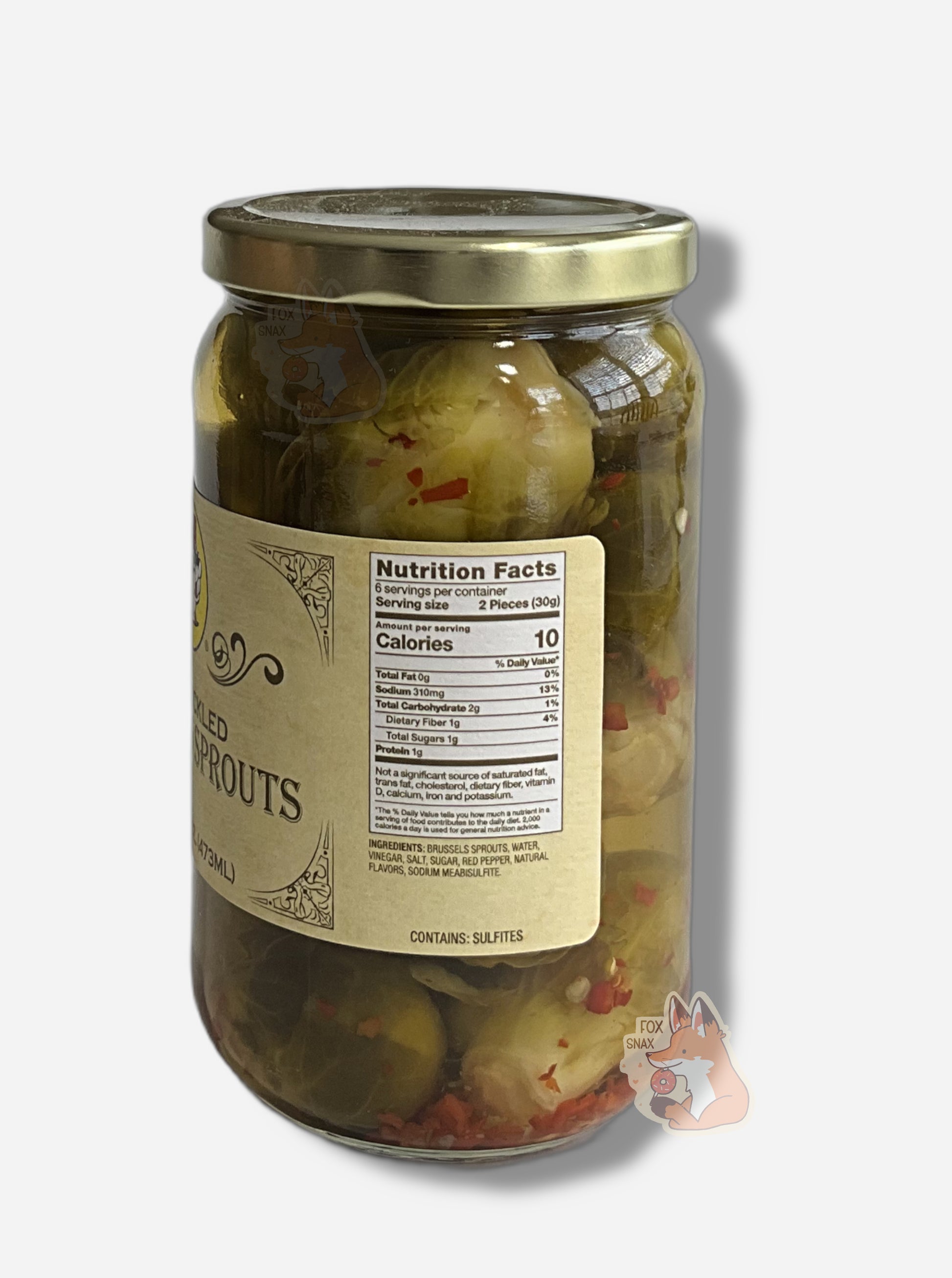 A picture of the right side of a glass jar of Buc-ee's Spicy Pickled Brussels Sprouts - the label is a "old-timey" sort of white/yellow with flared edges.  The middle reads Ingredients:  Brussels Sprouts, Water, Vinegar, Salt, Sugar, Red Pepper, Natural Flavors, Sodium Metabisulfite.  In the jar, floating sprouts in a green brine can be seen, dotted with red pepper flakes throughout.