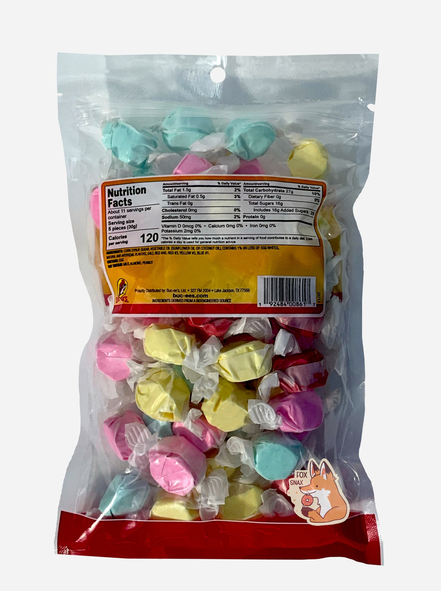 A picture of the back of a plastic bag of Buc-ee's State Fair Salt Water Taffy.  The bag is clear plastic.  Inside it, twists of candy in four different wrapping colors (cotton candy, buttered popcorn, bubble gum, red licorice) can be seen. 