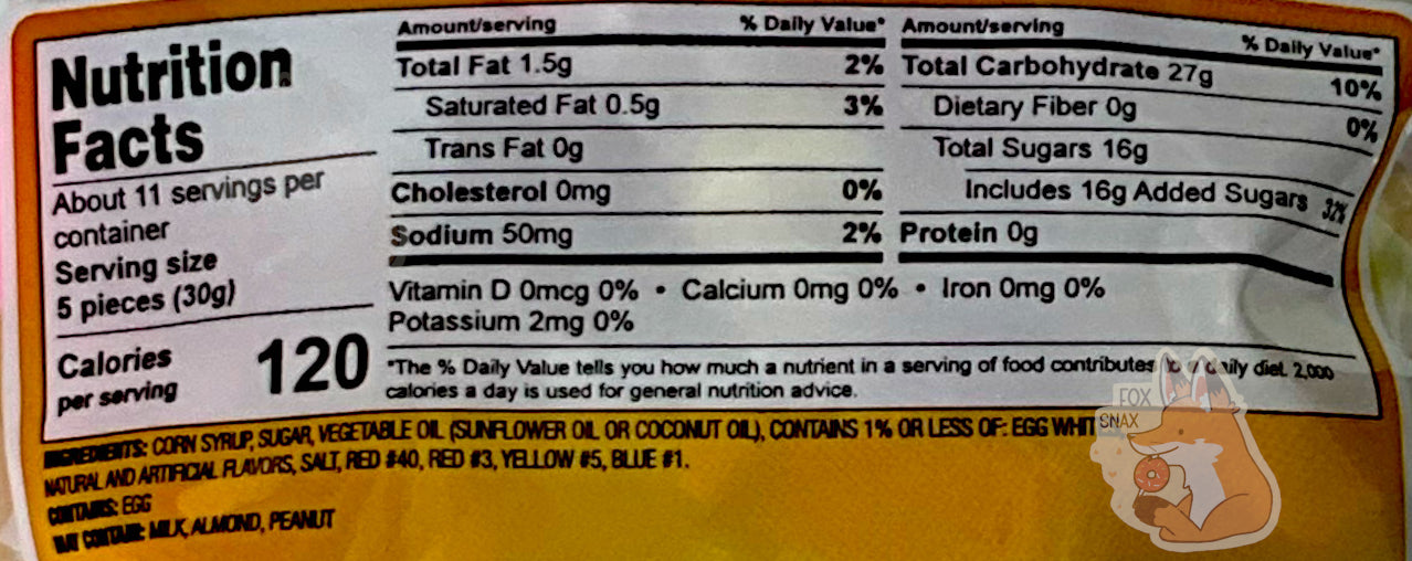A closeup of the back of a bag of Buc-ee's State Fair Salt Water Taffy.  Nutrition facts, then ingredients can be seen.