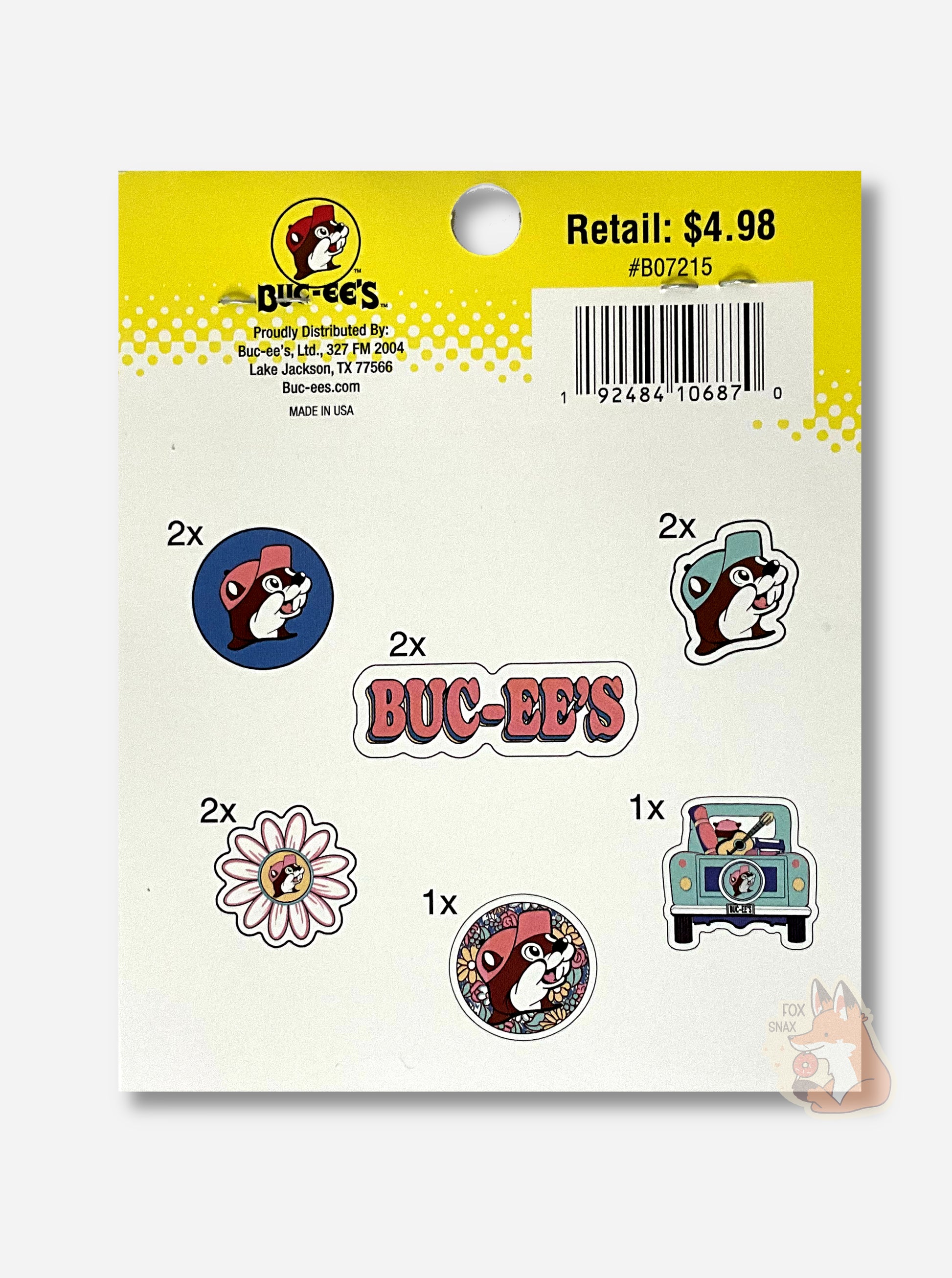 A picture of the back of Buc-ee's Sticker Pack, "Stick them on everything, even the kitchen sink".  The label indicates there are 10 peel & stick decals in the clear plastic bag.