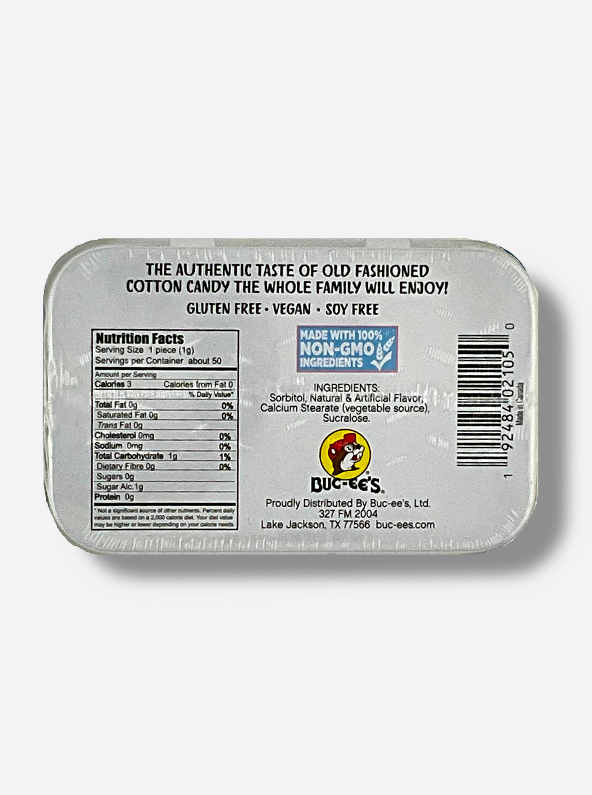 A picture of a back of a tin of Buc-ees Cotton Candy Mints.  The back cover is decorated with a small picture of Buc-ee The Beaver, and has the following text: The Authentic Taste Of Old Fashioned Cotton Candy The Whole Family Will Enjoy!, Gluten Free, Vegan, Soy Free.