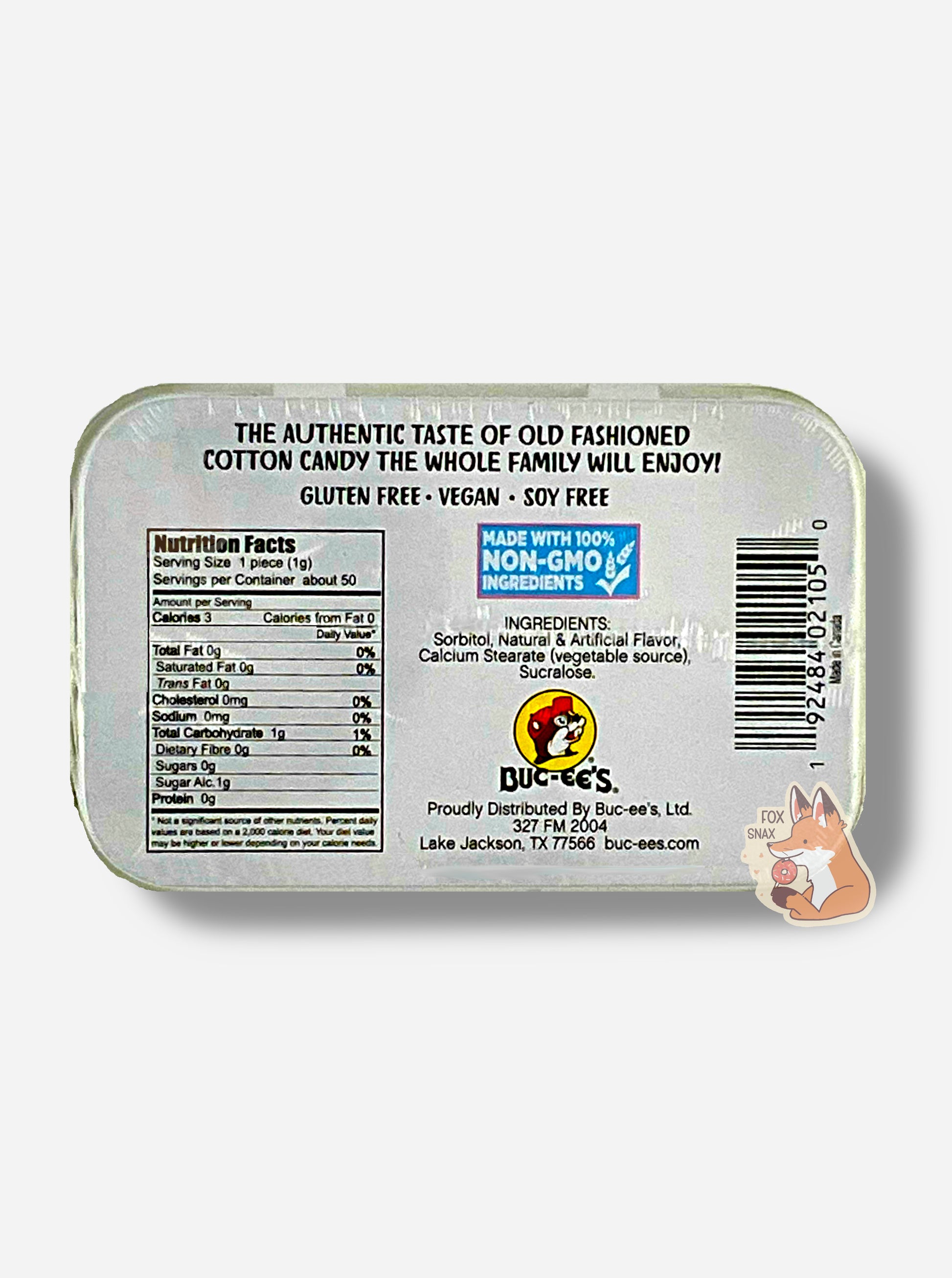 A picture of a back of a tin of Buc-ees Cotton Candy Mints.  The back cover is decorated with a small picture of Buc-ee The Beaver, and has the following text: The Authentic Taste Of Old Fashioned Cotton Candy The Whole Family Will Enjoy!, Gluten Free, Vegan, Soy Free.