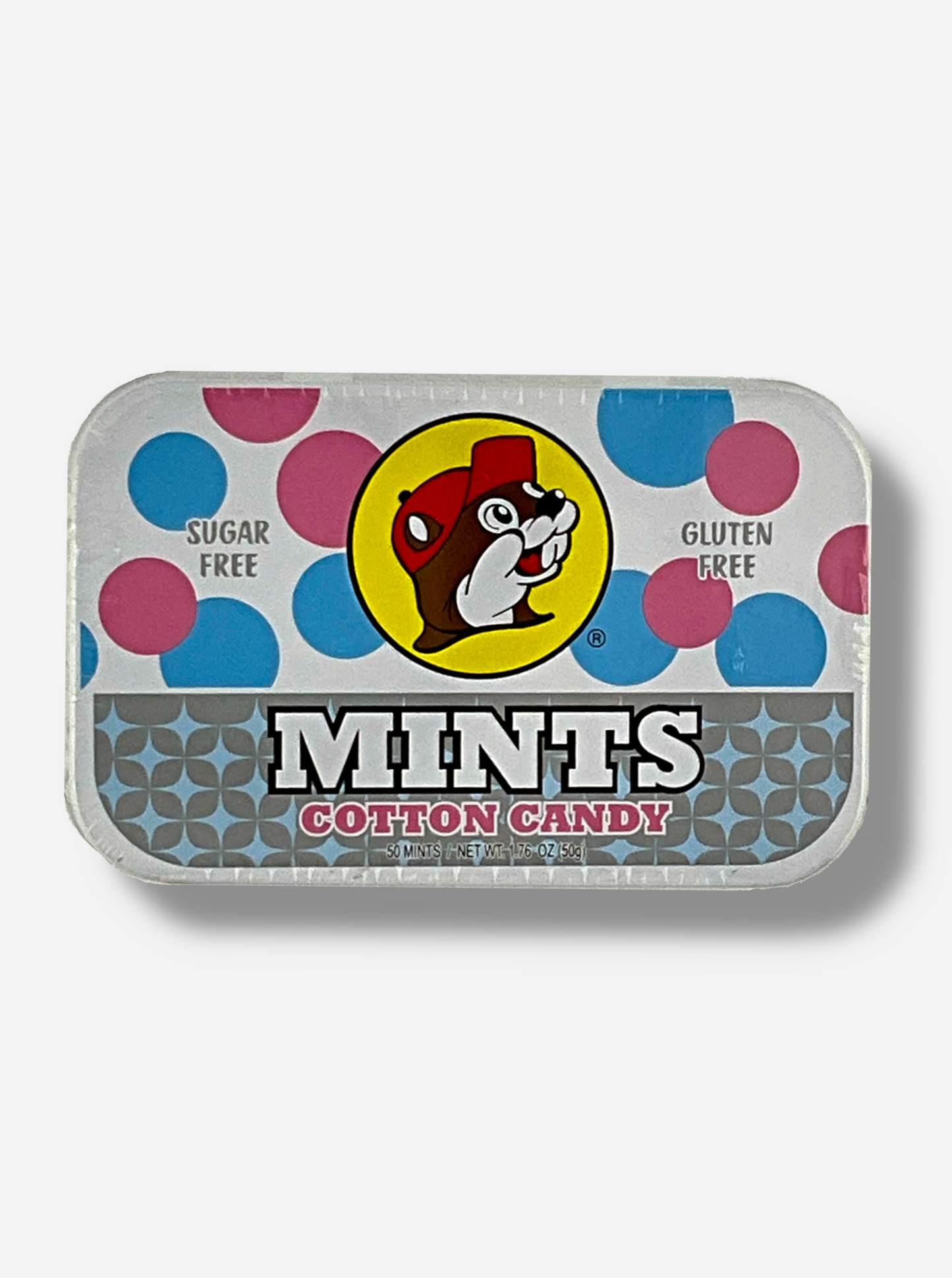 A picture of a tin of Buc-ees Cotton Candy Mints.  The cover is decorated with a big picture of Buc-ee The Beaver, and has pink and blue circles behind it to reflect the 'cotton candy' nature of the mints.  The tin reads Sugar Free, Gluten Free, Mints, Cotton Candy.