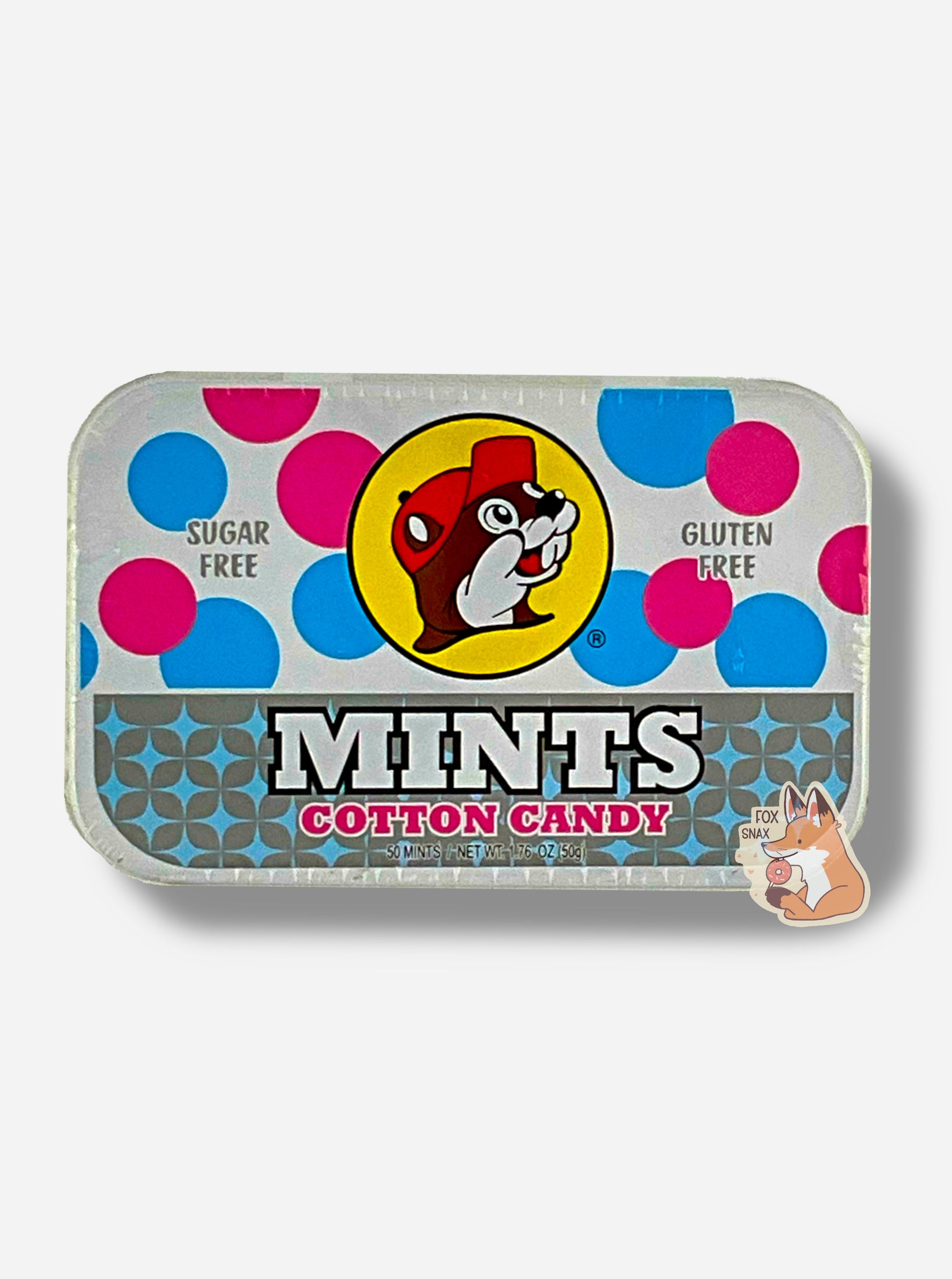A picture of a tin of Buc-ees Cotton Candy Mints.  The cover is decorated with a big picture of Buc-ee The Beaver, and has pink and blue circles behind it to reflect the 'cotton candy' nature of the mints.  The tin reads Sugar Free, Gluten Free, Mints, Cotton Candy.