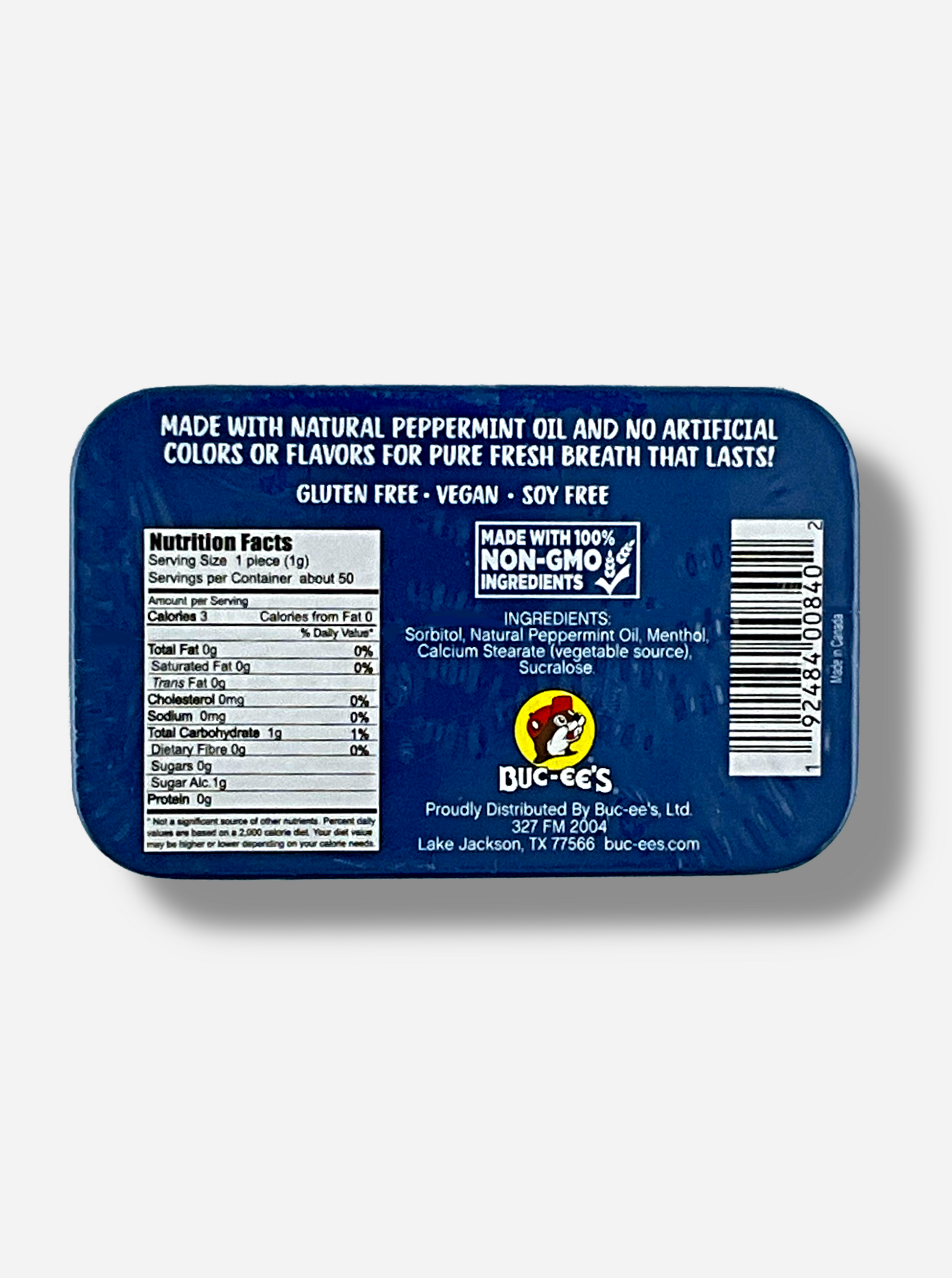 A picture of a back of a tin of Buc-ees Peppermint Mints.  The back cover is decorated with a small picture of Buc-ee The Beaver, and has the following text: Made With Natural Peppermint Oil And No Artificial Colors Or Flavors For Pure Fresh Breath That Lasts!, Gluten Free, Vegan, Soy Free, made with 100% Non-GMO Ingredients.