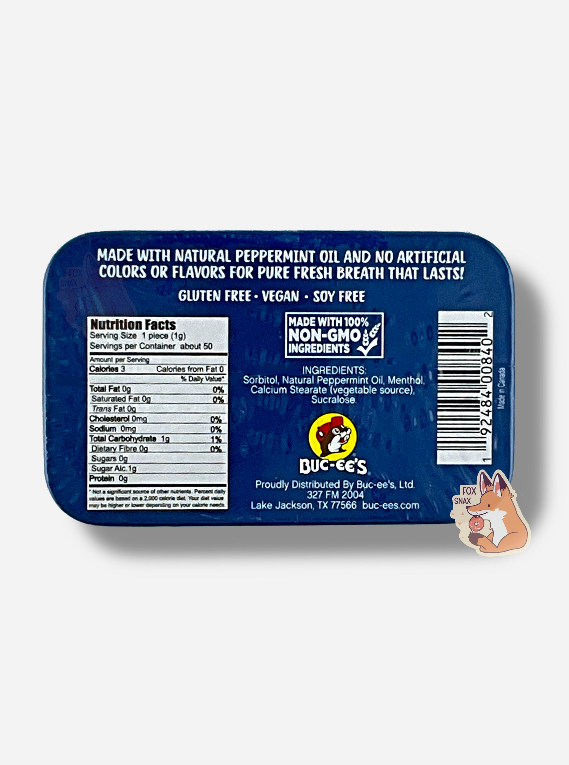 A picture of a back of a tin of Buc-ees Peppermint Mints.  The back cover is decorated with a small picture of Buc-ee The Beaver, and has the following text: Made With Natural Peppermint Oil And No Artificial Colors Or Flavors For Pure Fresh Breath That Lasts!, Gluten Free, Vegan, Soy Free, made with 100% Non-GMO Ingredients.