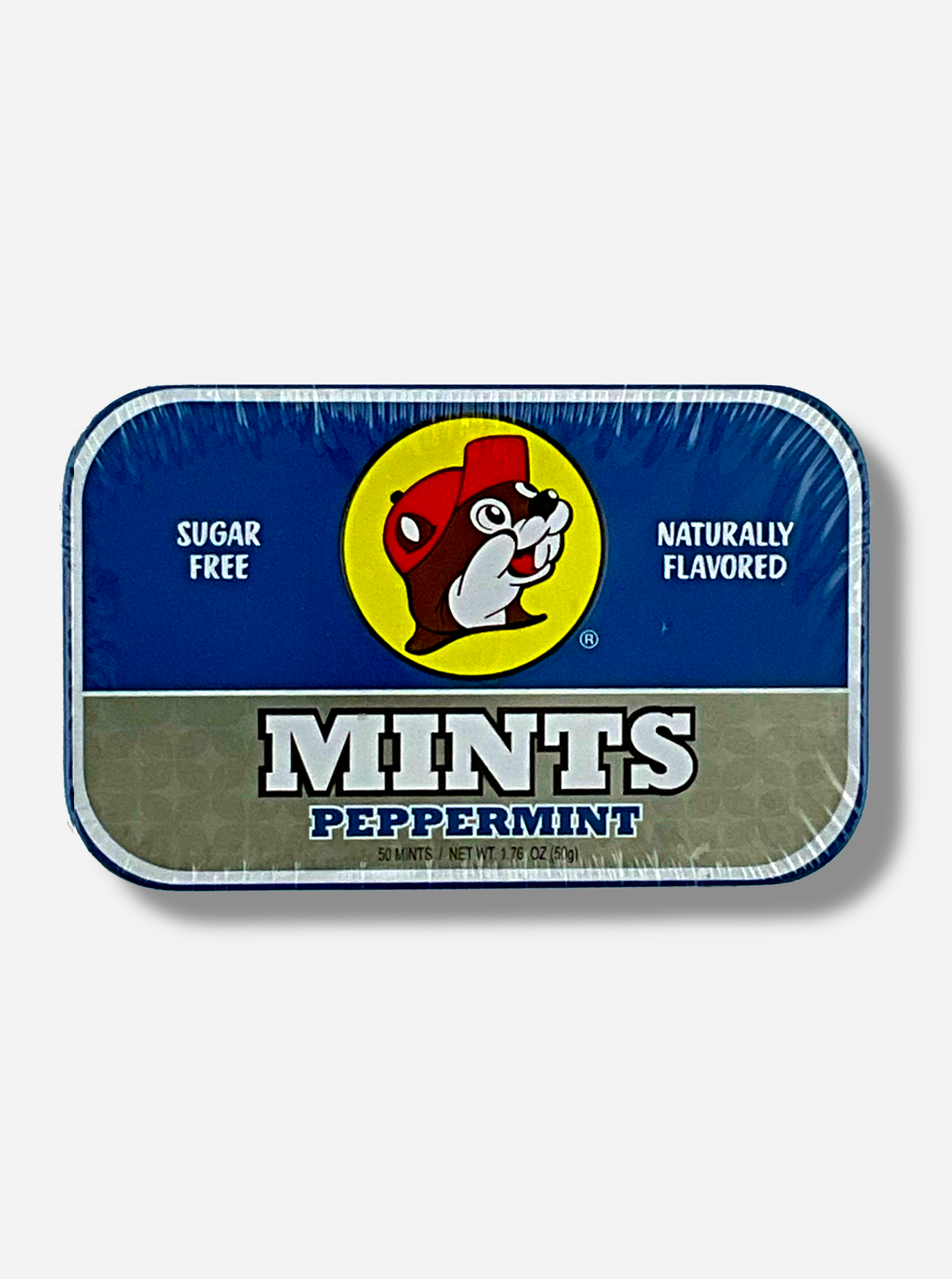 A picture of a tin of Buc-ees Peppermint Mints.  The cover is decorated with a big picture of Buc-ee The Beaver, and has a dark blue and silver background.  The tin reads Sugar Free, Naturally Flavored, Mints, Peppermint.