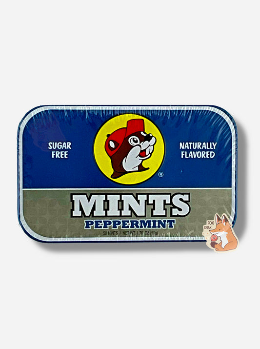 A picture of a tin of Buc-ees Peppermint Mints.  The cover is decorated with a big picture of Buc-ee The Beaver, and has a dark blue and silver background.  The tin reads Sugar Free, Naturally Flavored, Mints, Peppermint.