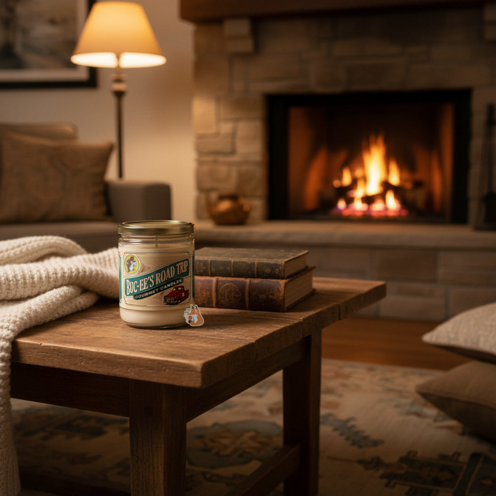 A picture of a Buc-ee's Road Trip Candle jar, sitting in on a wooden end table, next to some very old hardcover books and a blanket.  In the background is a warm, roaring fireplace.  On the left and right of the picture are multiple cozy pillows on a tan couch.