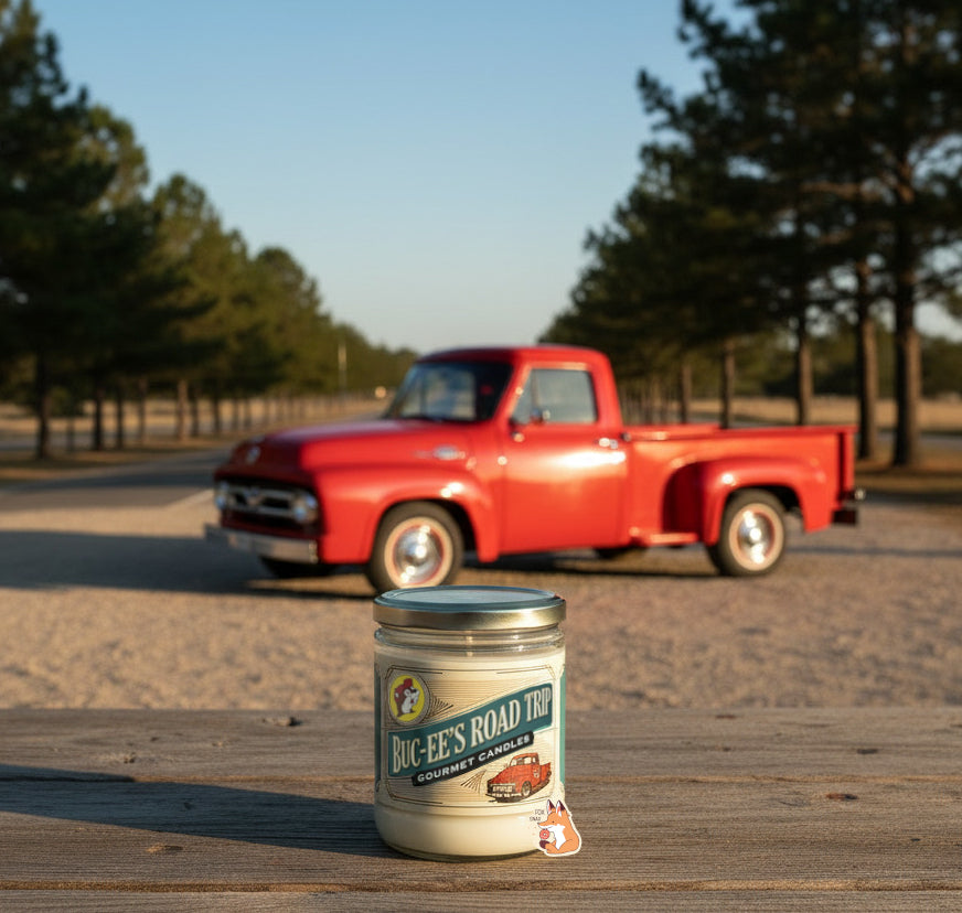 A picture of a Buc-ee's Road Trip Candle jar, sitting in the sunlight on a wooden picnic table.  In the background, framed by two rows of pine trees against a blue sky, is a old red pickup truck, parked in a sandy lot.